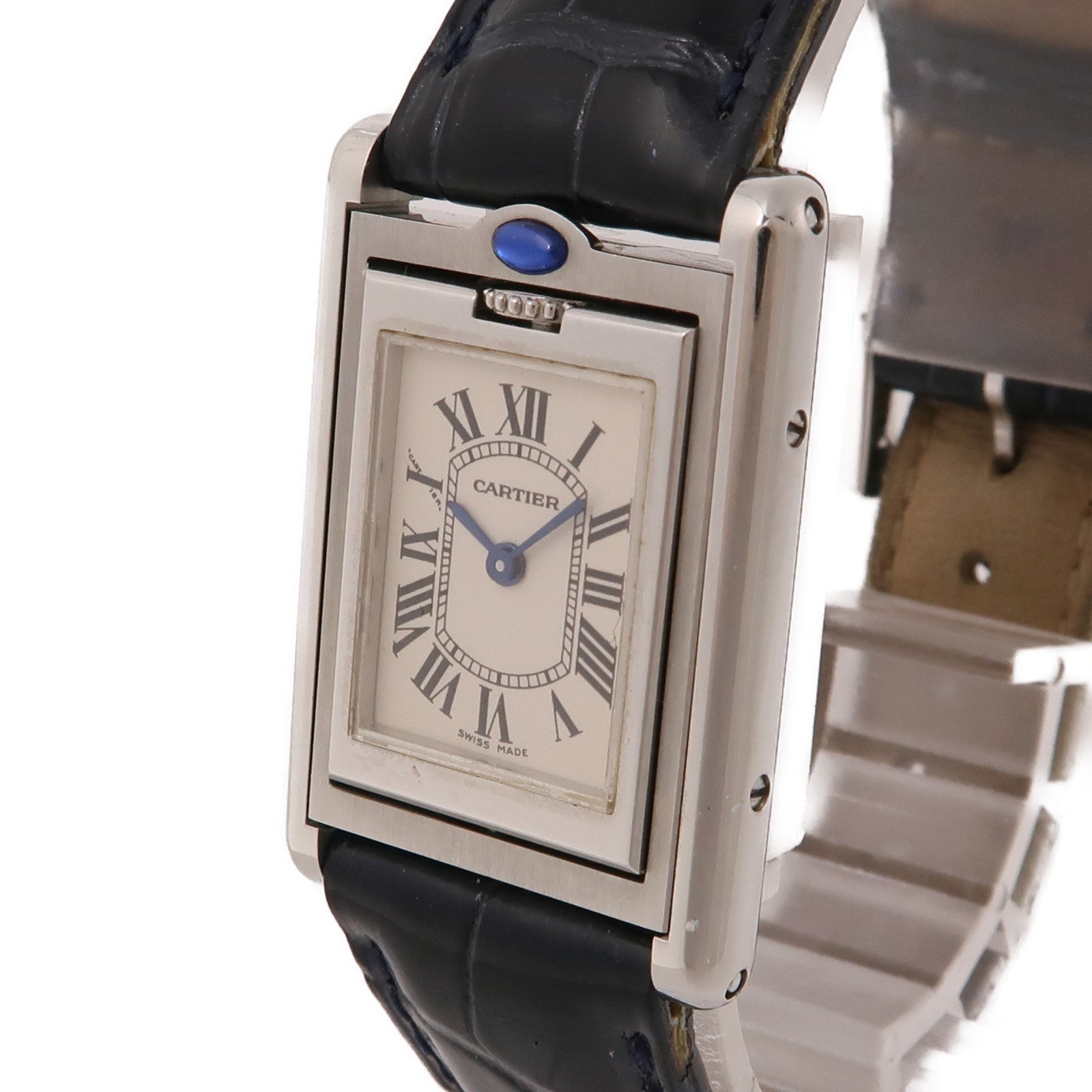 CARTIER Tank Basculante不鏽鋼/鱷魚皮革帶手錶石英機芯米色