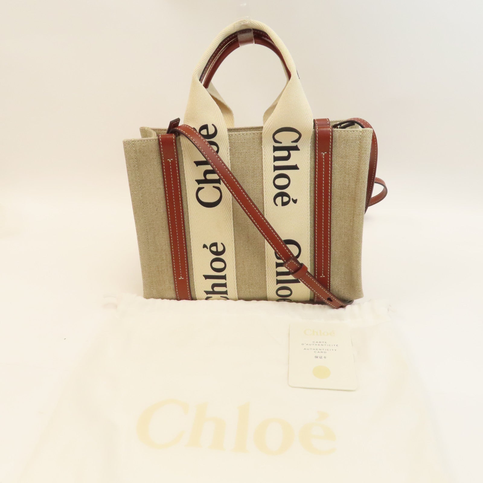 Chloe 帆布Woody Tote Bag金扣手挽肩背兩用袋米色