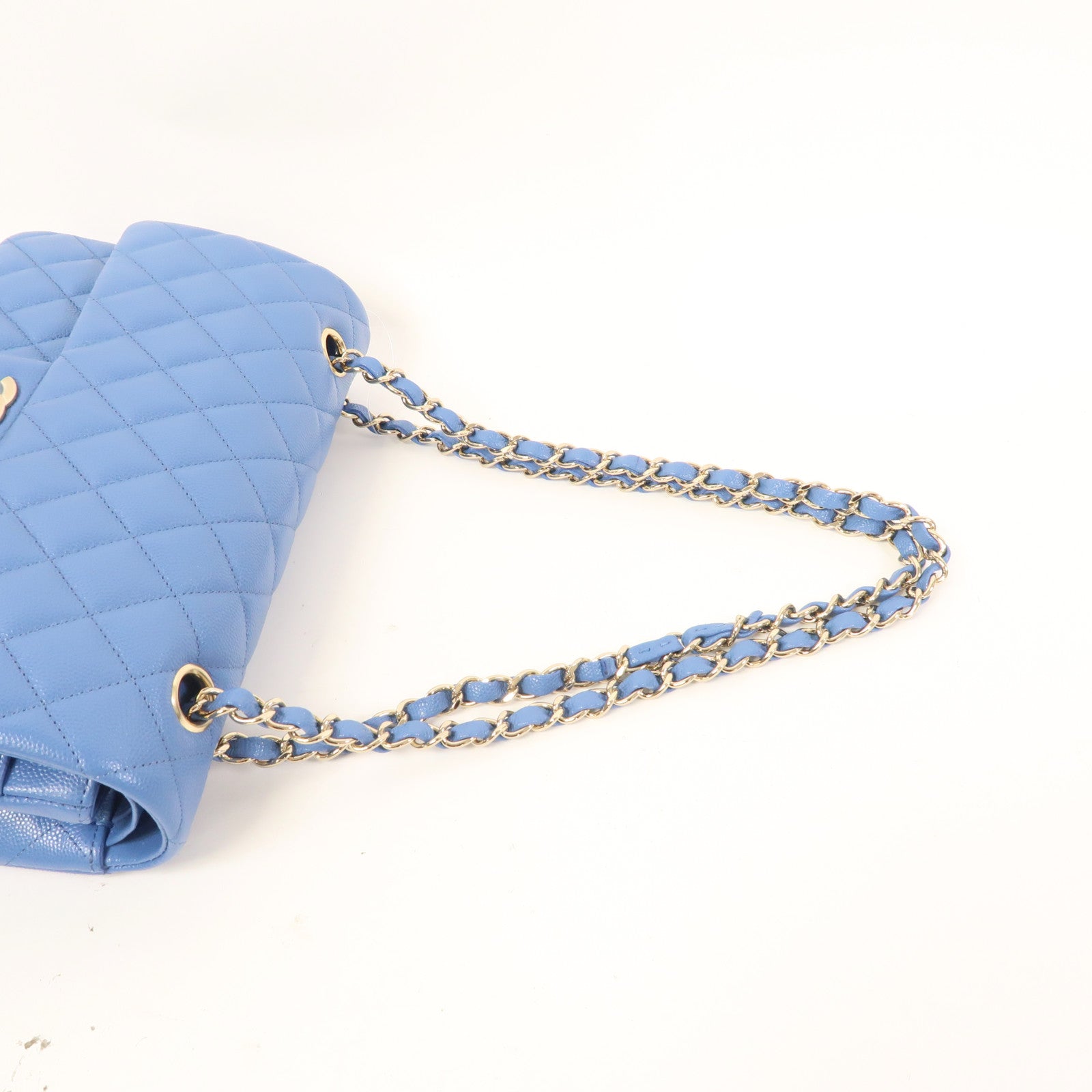CHANEL 菱格Caviar皮革Classic Flap 25cm金扣鏈帶肩背袋藍色