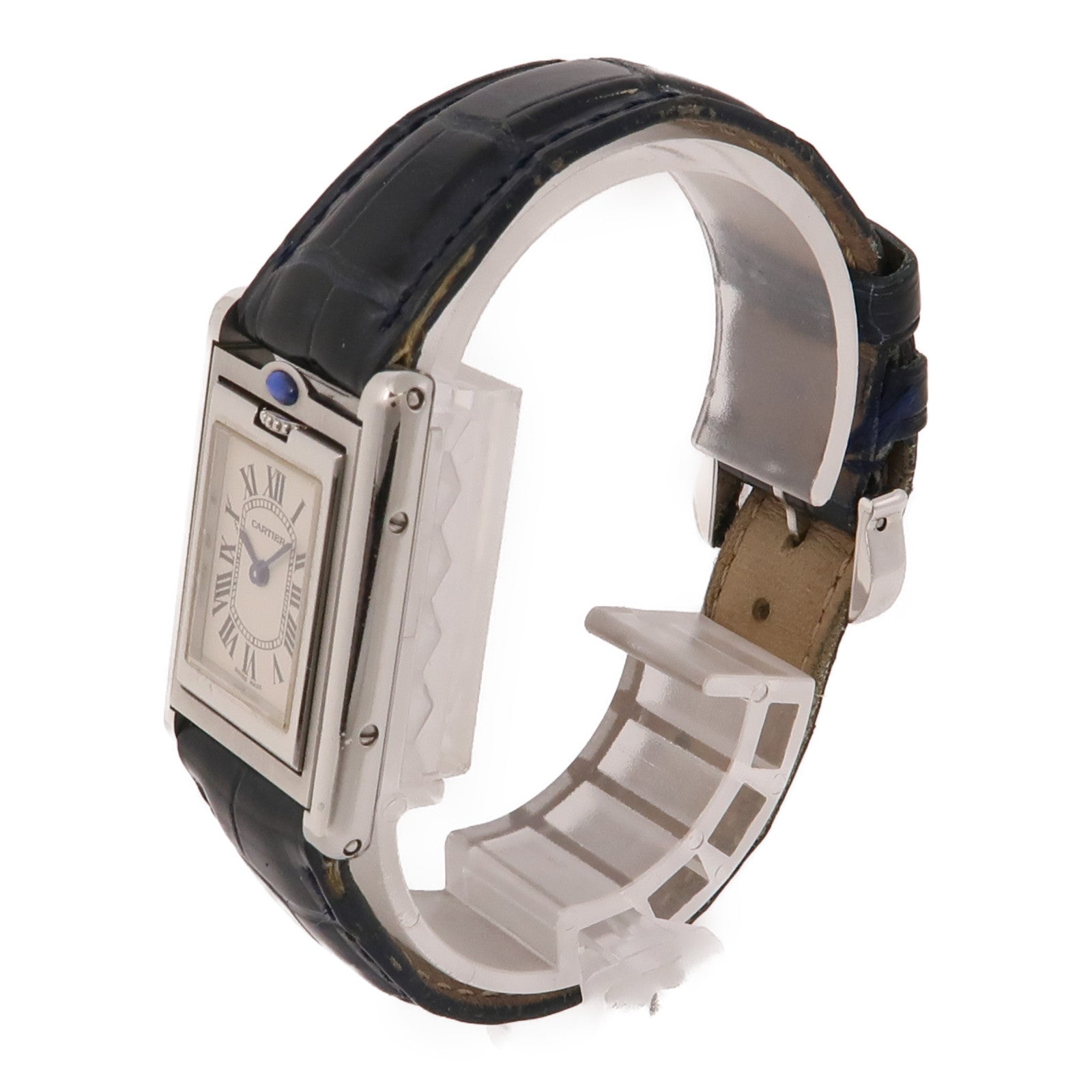 CARTIER Tank Basculante不鏽鋼/鱷魚皮革帶手錶石英機芯米色
