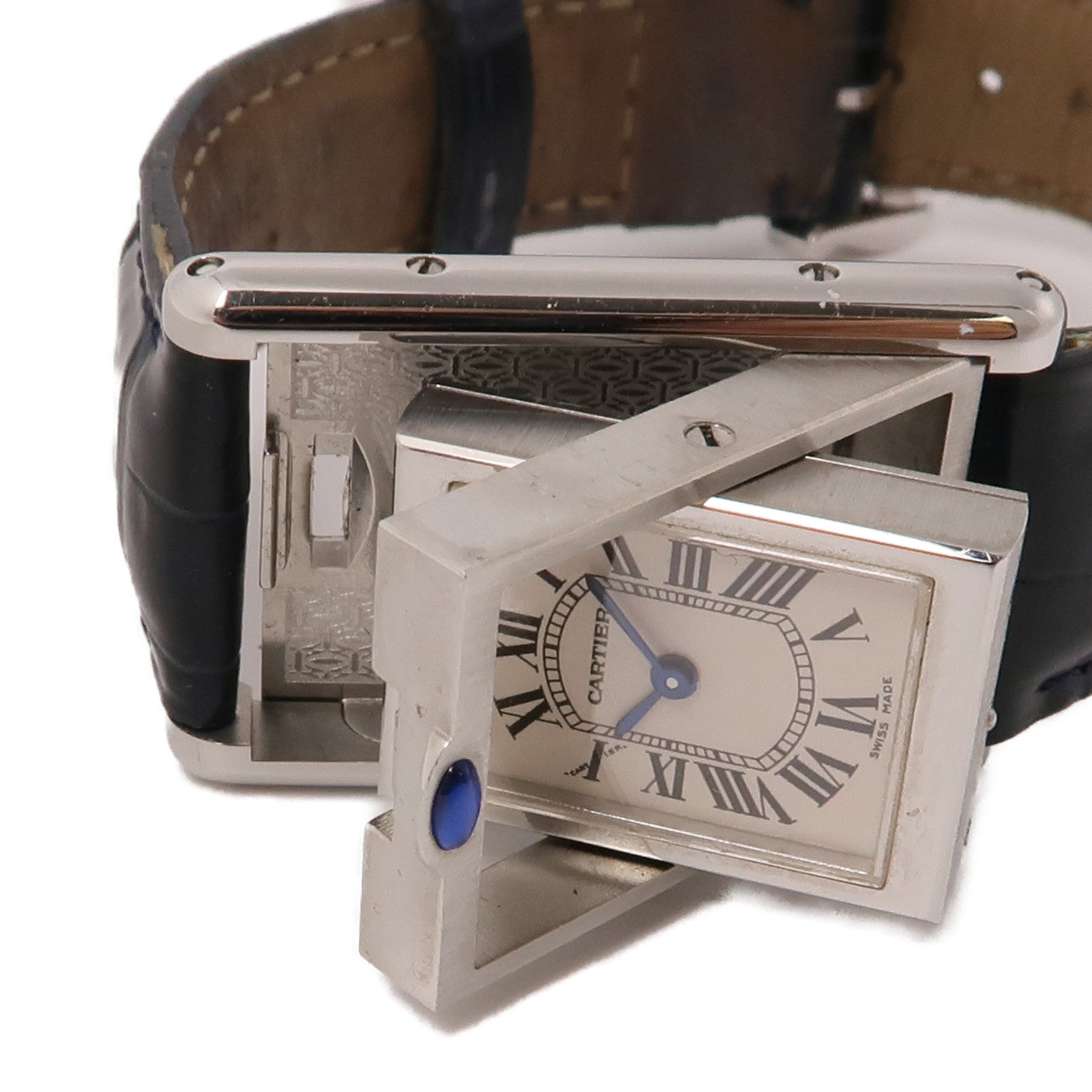 CARTIER Tank Basculante不鏽鋼/鱷魚皮革帶手錶石英機芯米色