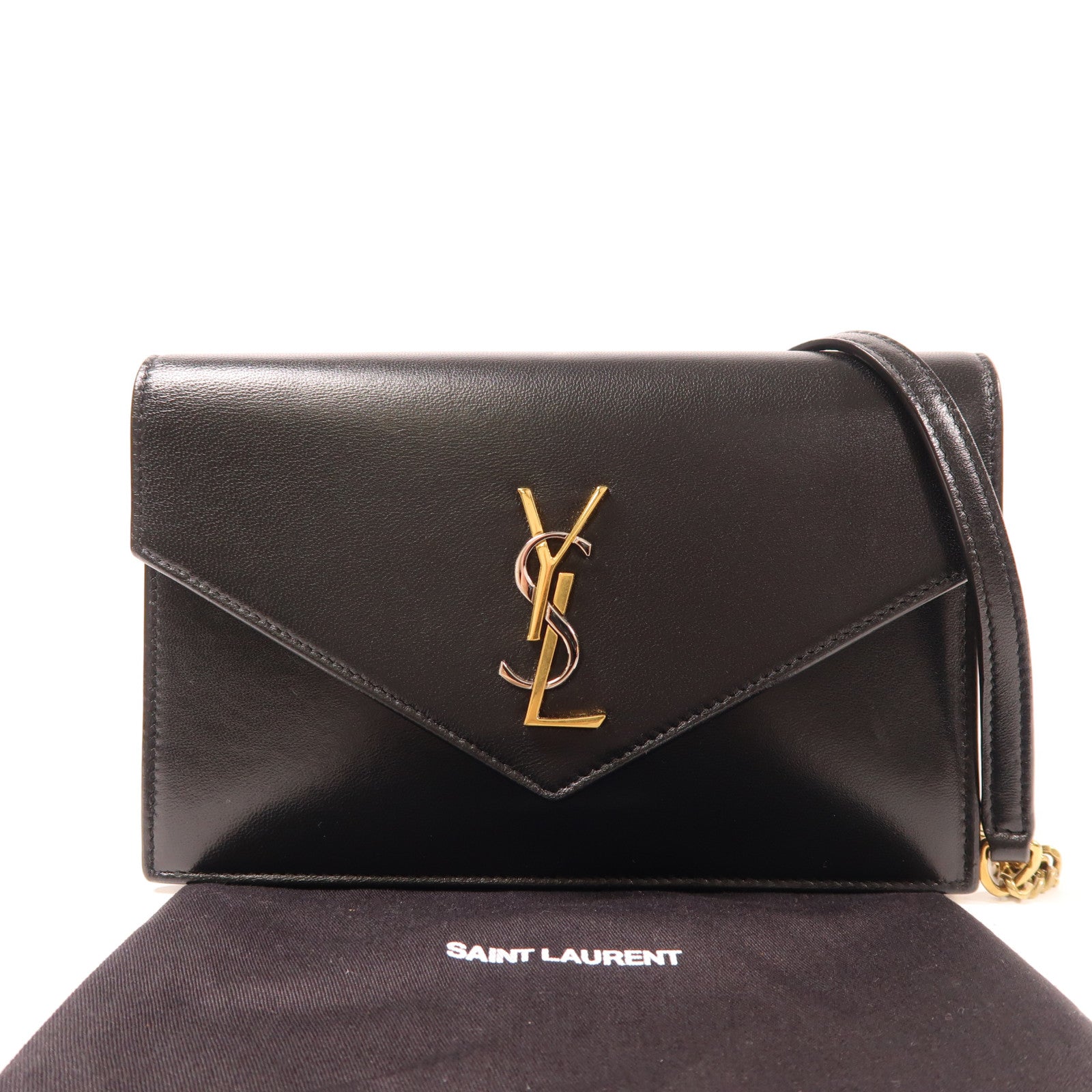 YVES SAINT LAURENT 皮革Cassandre Envelope Chain Wallet金扣鏈帶肩背袋黑色