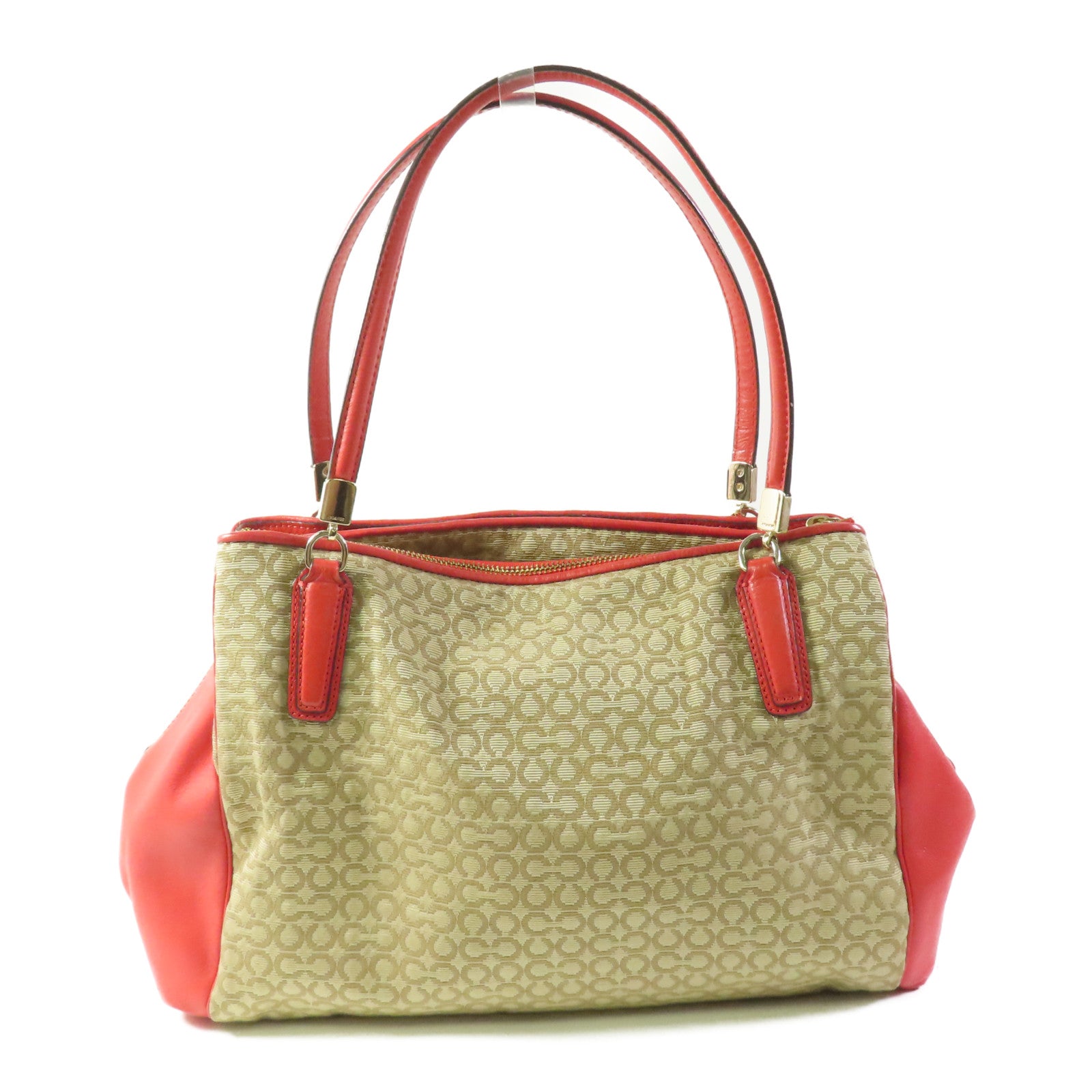 COACH GHW Shoulder Bag Canvas Leather Beige Red