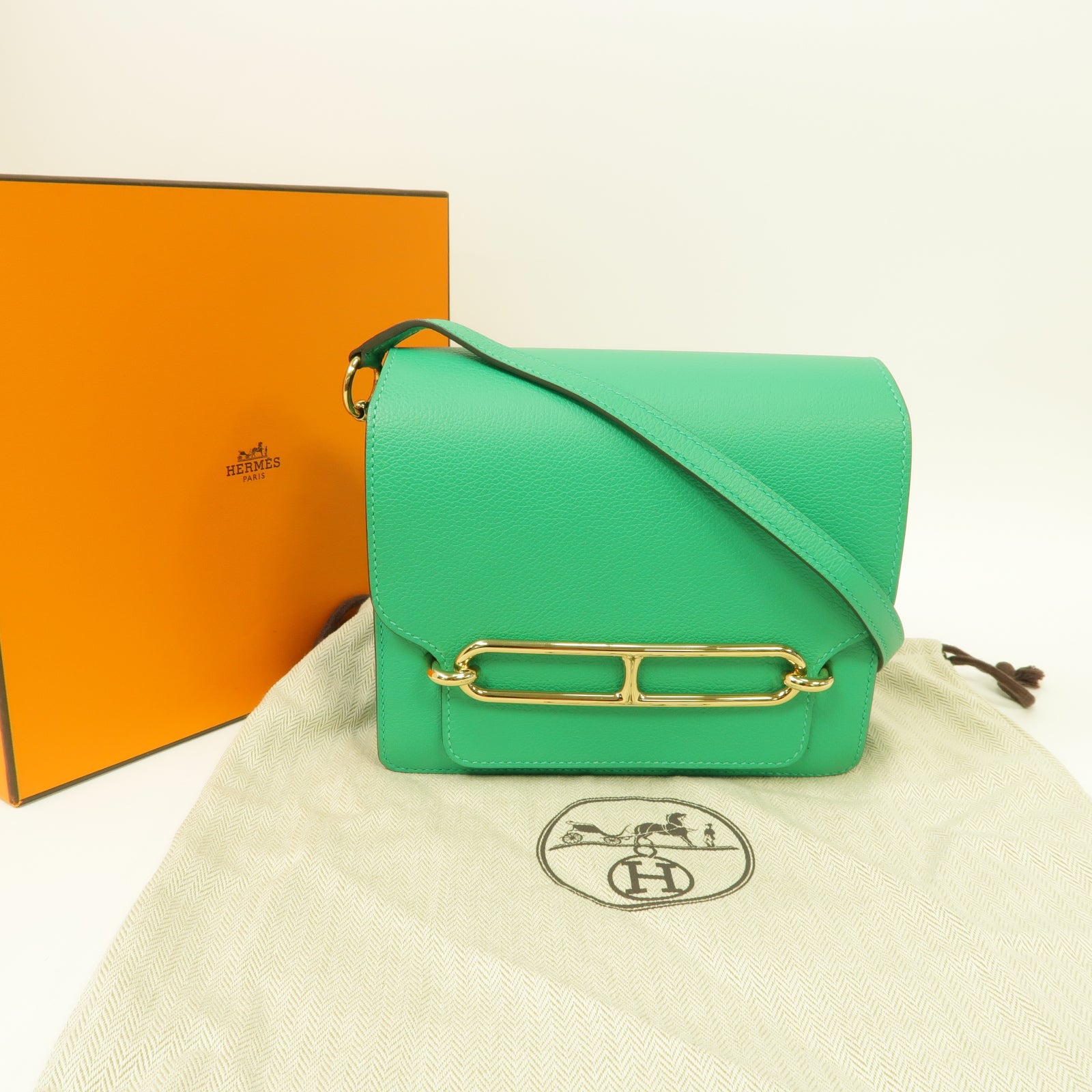 HERMES 【清倉大減價】Evercolor皮革Mini Roulis Shoulder Bag金扣肩背袋Menthe薄荷綠色
