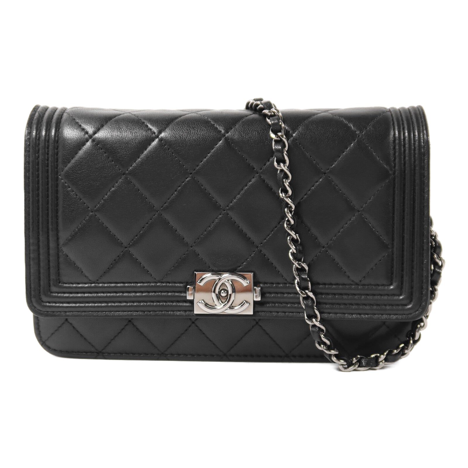 CHANEL 羊皮皮革Boy Wallet On Chain銀扣鏈帶肩背袋