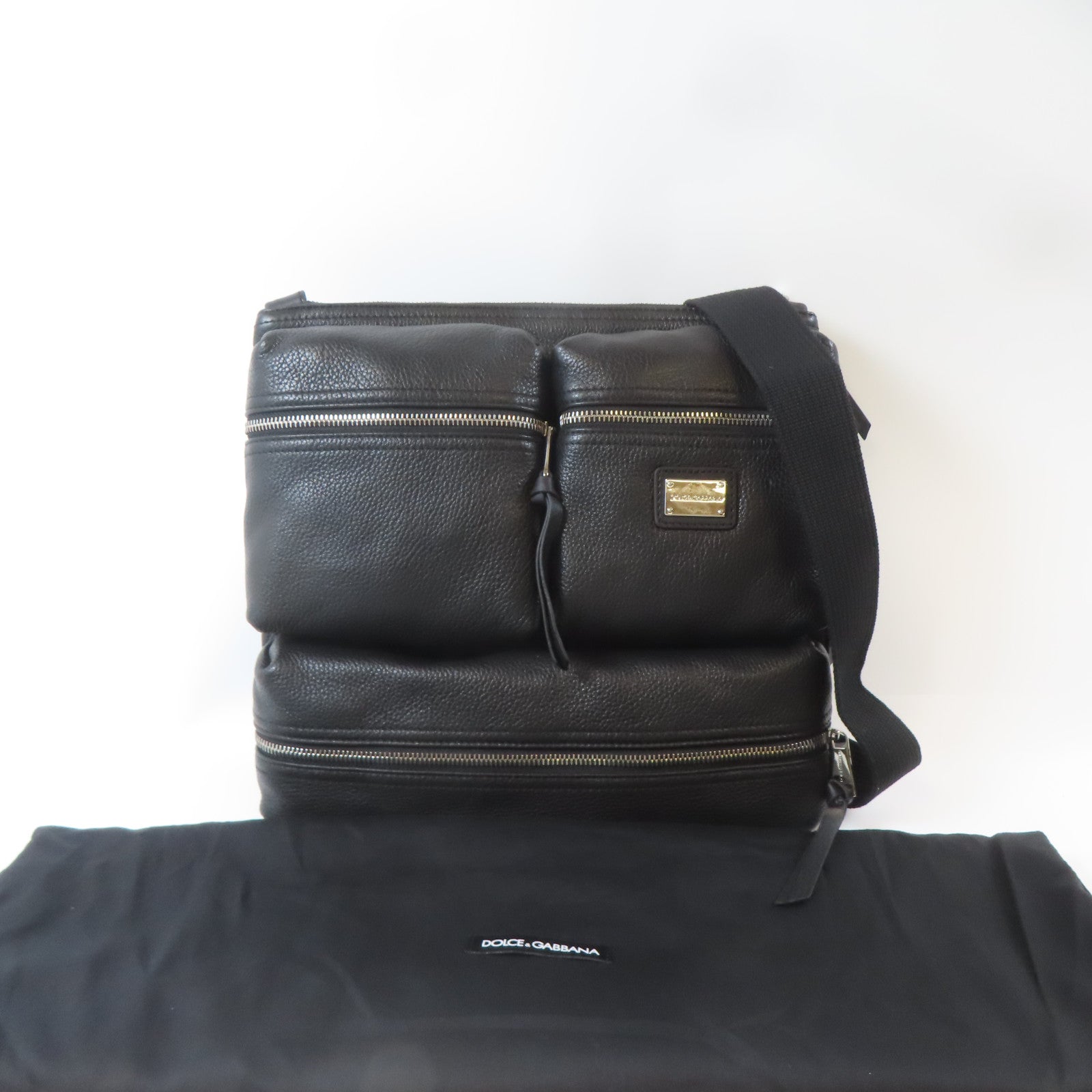 D&G 牛皮皮革Shoulder Bag銀扣肩背袋黑色