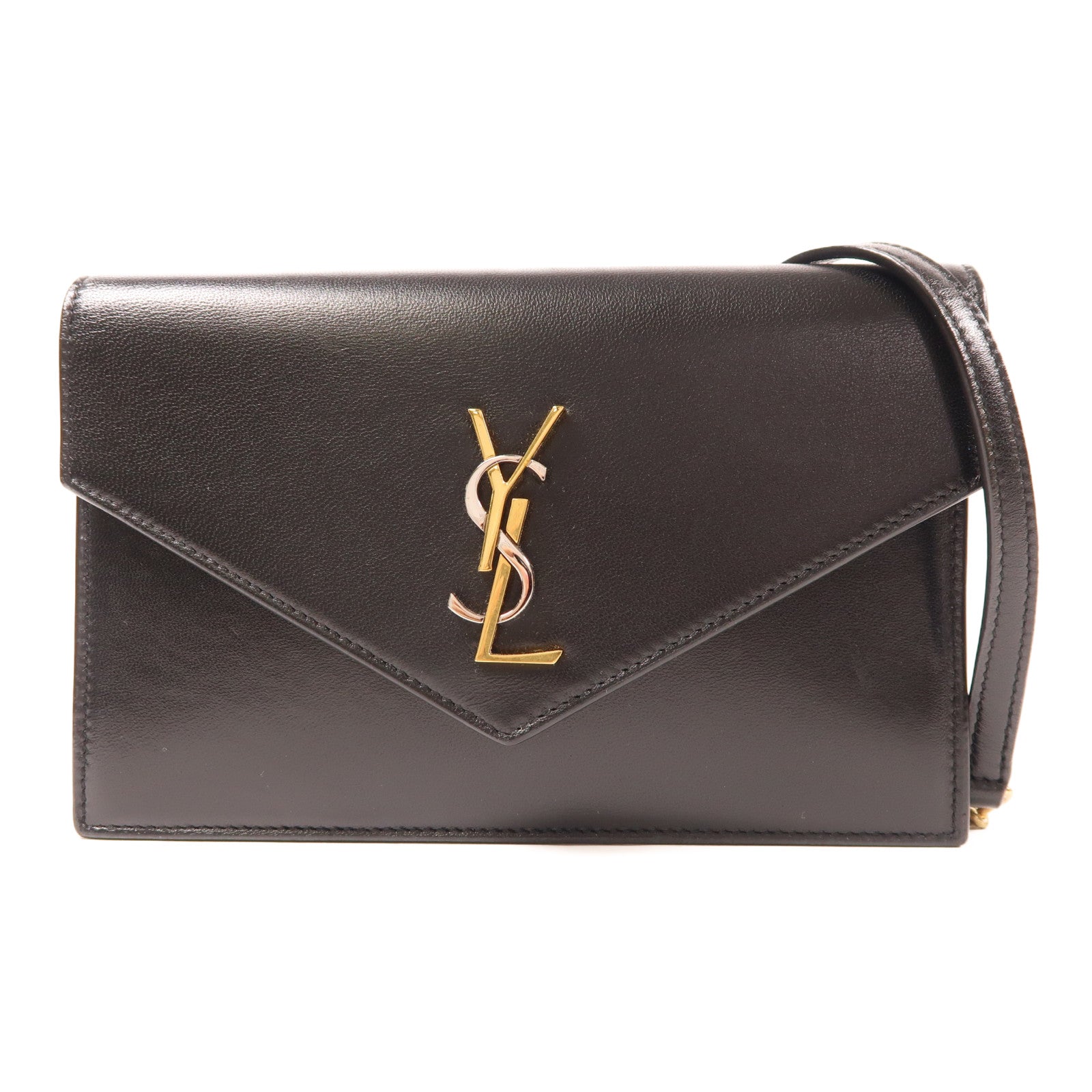 YVES SAINT LAURENT 皮革Cassandre Envelope Chain Wallet金扣鏈帶肩背袋黑色