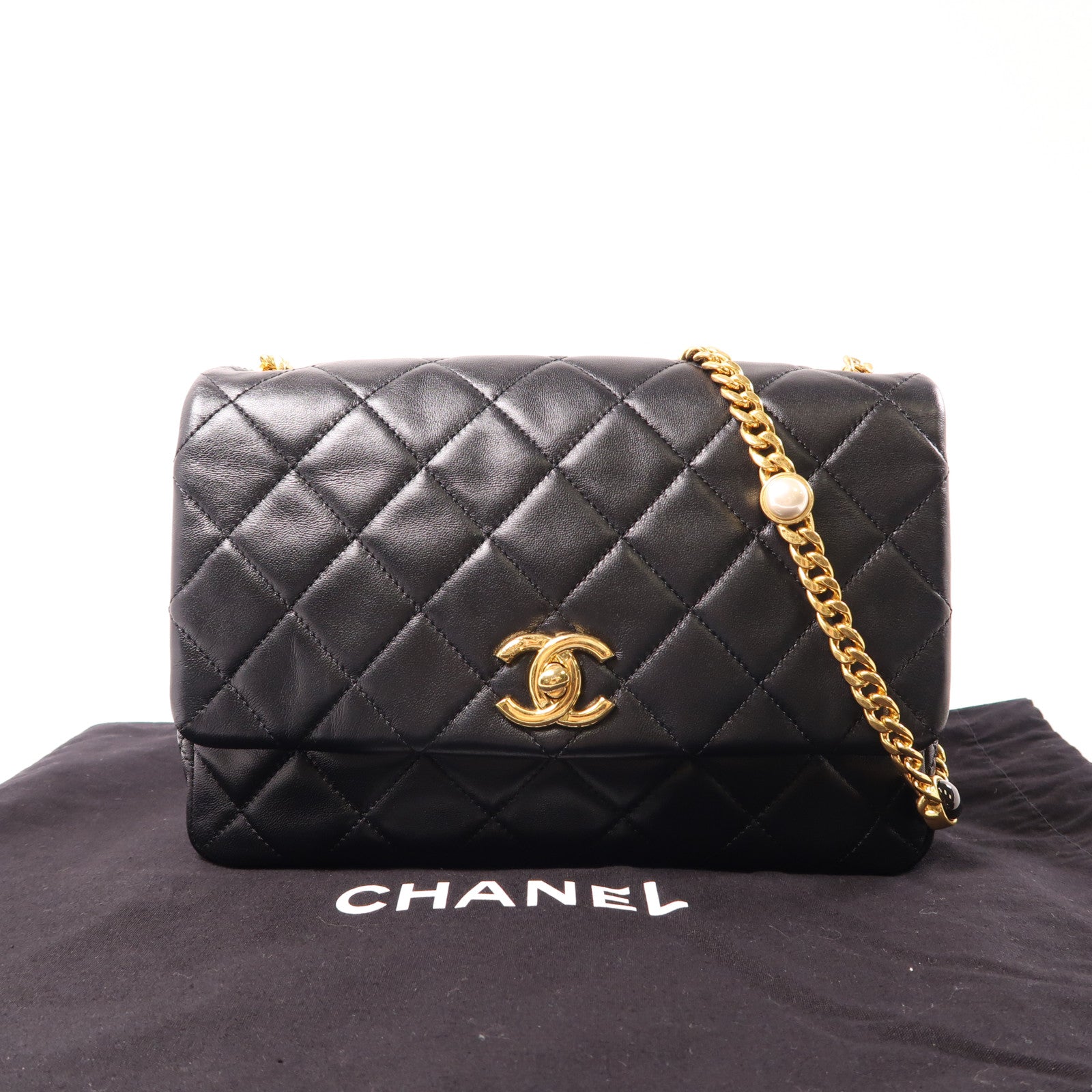 CHANEL 羊皮皮革Chain Shoulder金扣鏈帶肩背袋黑色