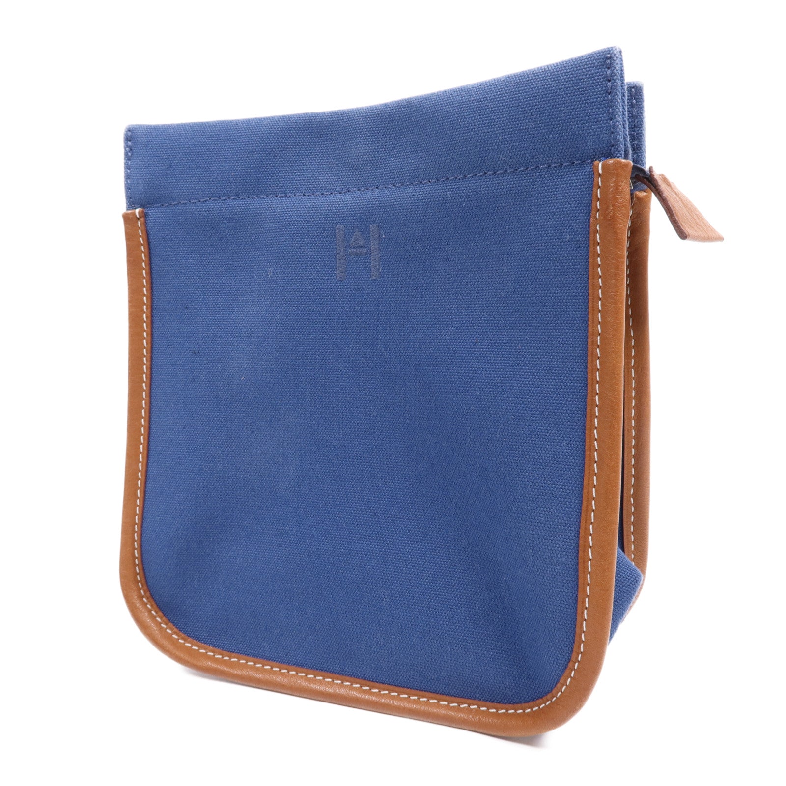 HERMES Swift皮革/棉質Embroidery Logo Camaiueu Pouch銀扣手拿包