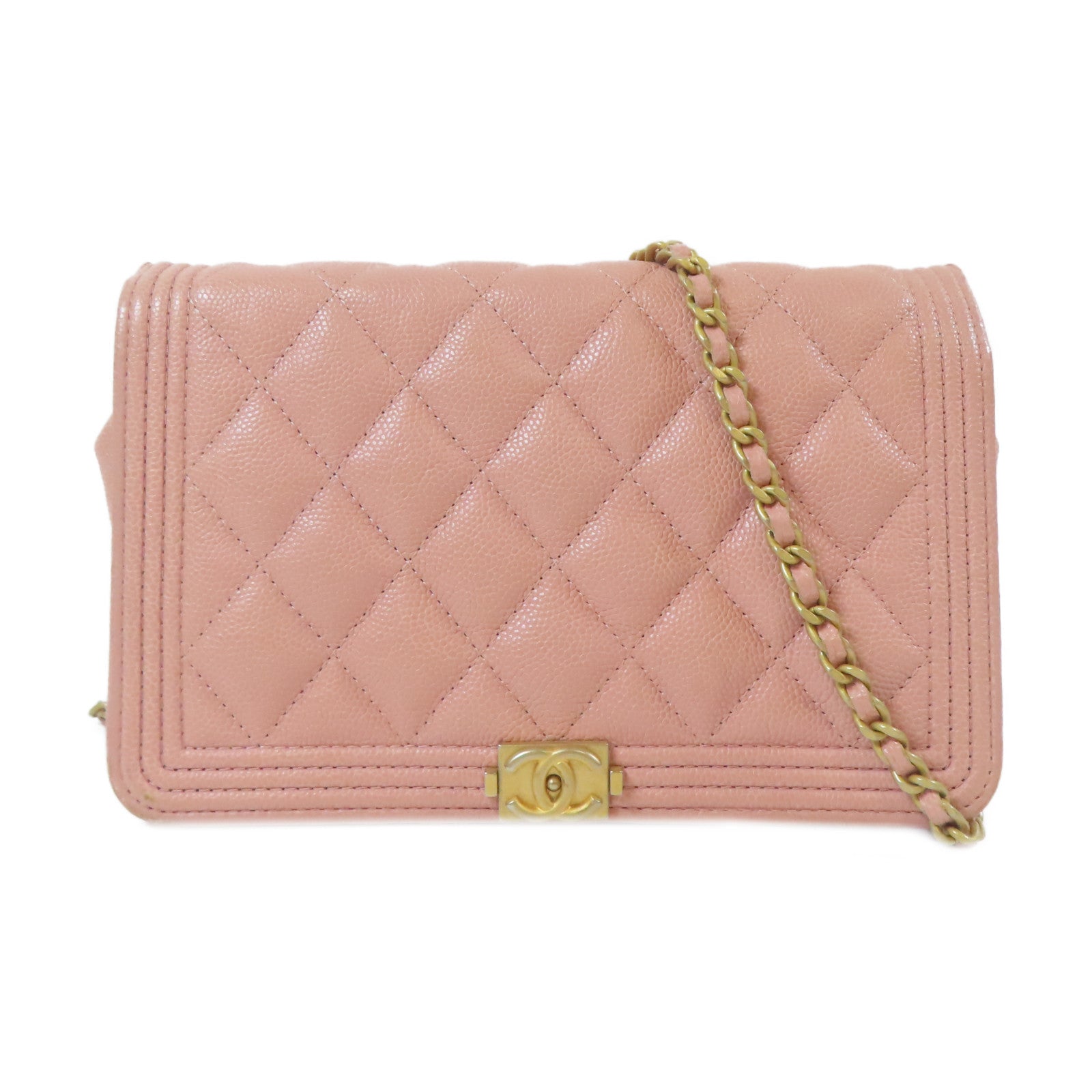 CHANEL 菱格Caviar皮革Boy WOC Wallet On Chain金扣鏈帶肩背袋粉紅色
