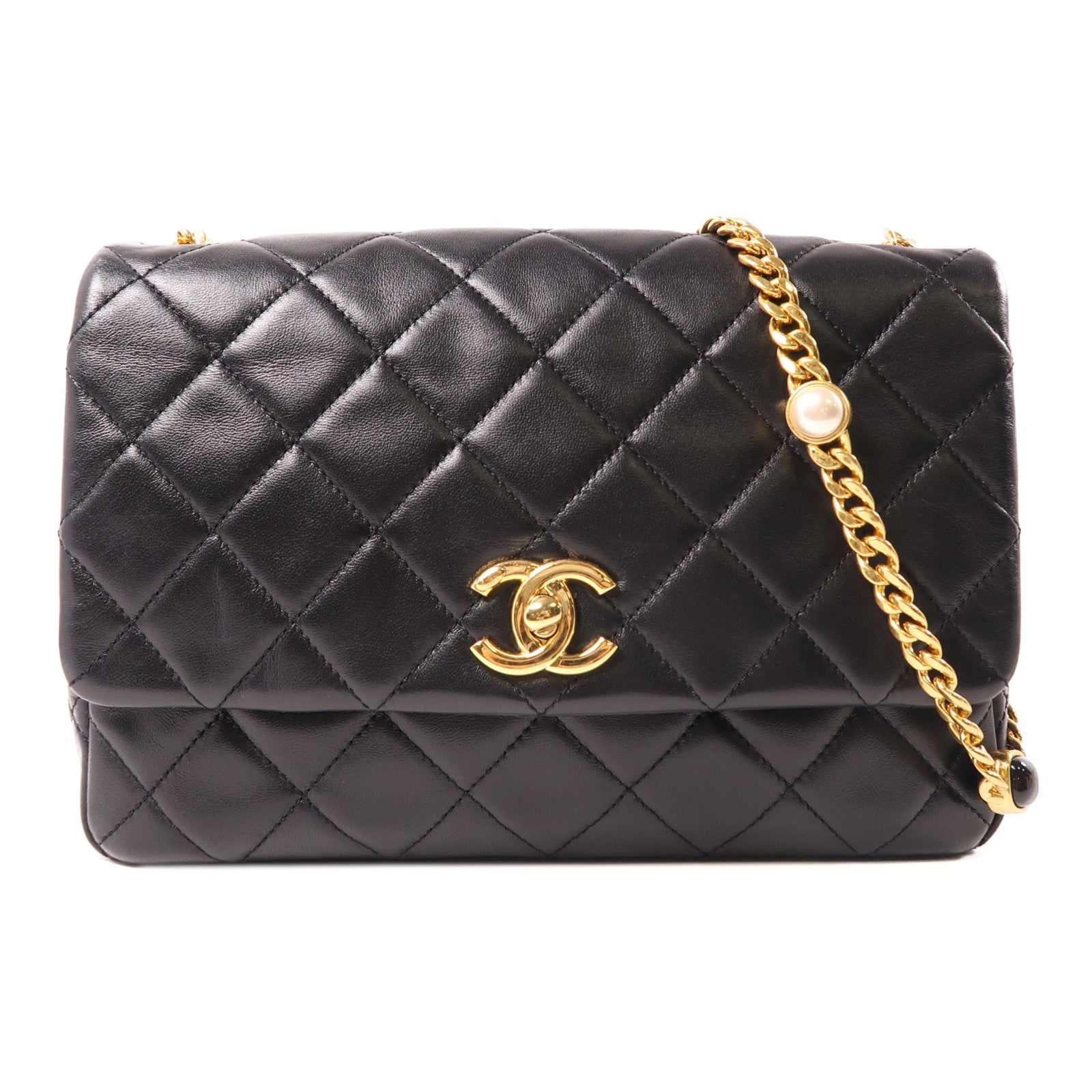 CHANEL 羊皮皮革Chain Shoulder金扣鏈帶肩背袋黑色