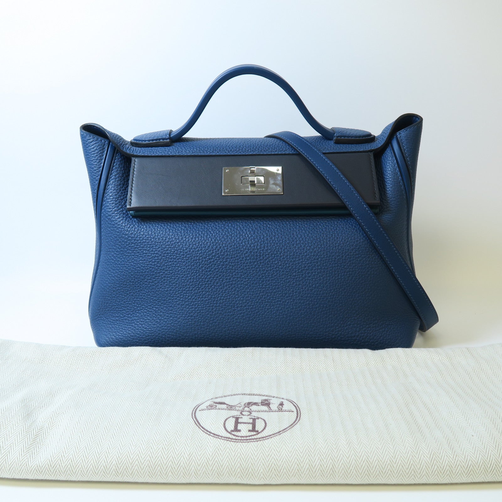 HERMES 【激減優惠】Togo皮革24/24銀扣手挽肩背兩用袋藍色
