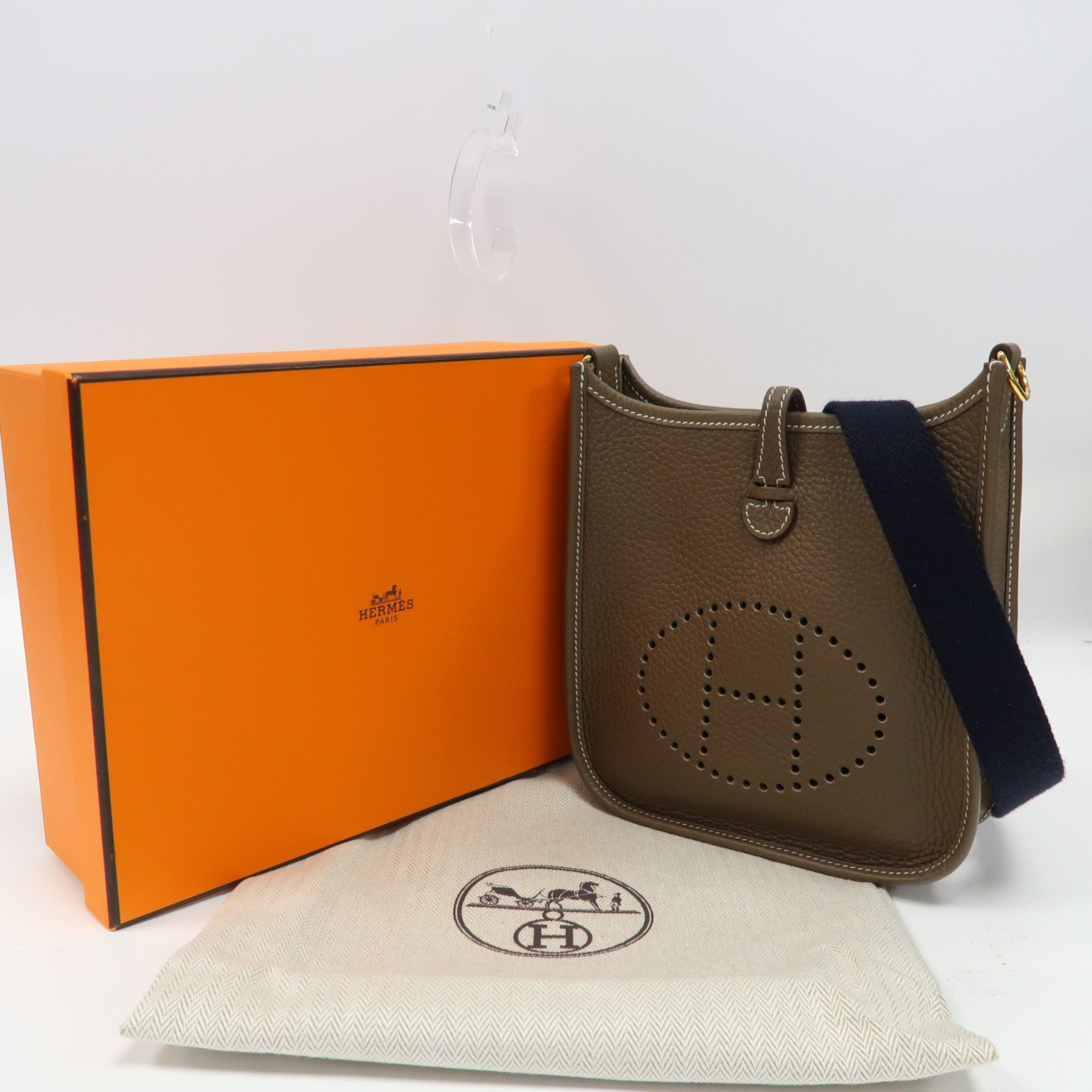 HERMES Clemence皮革Evelyne TPM金扣肩背袋大象灰色