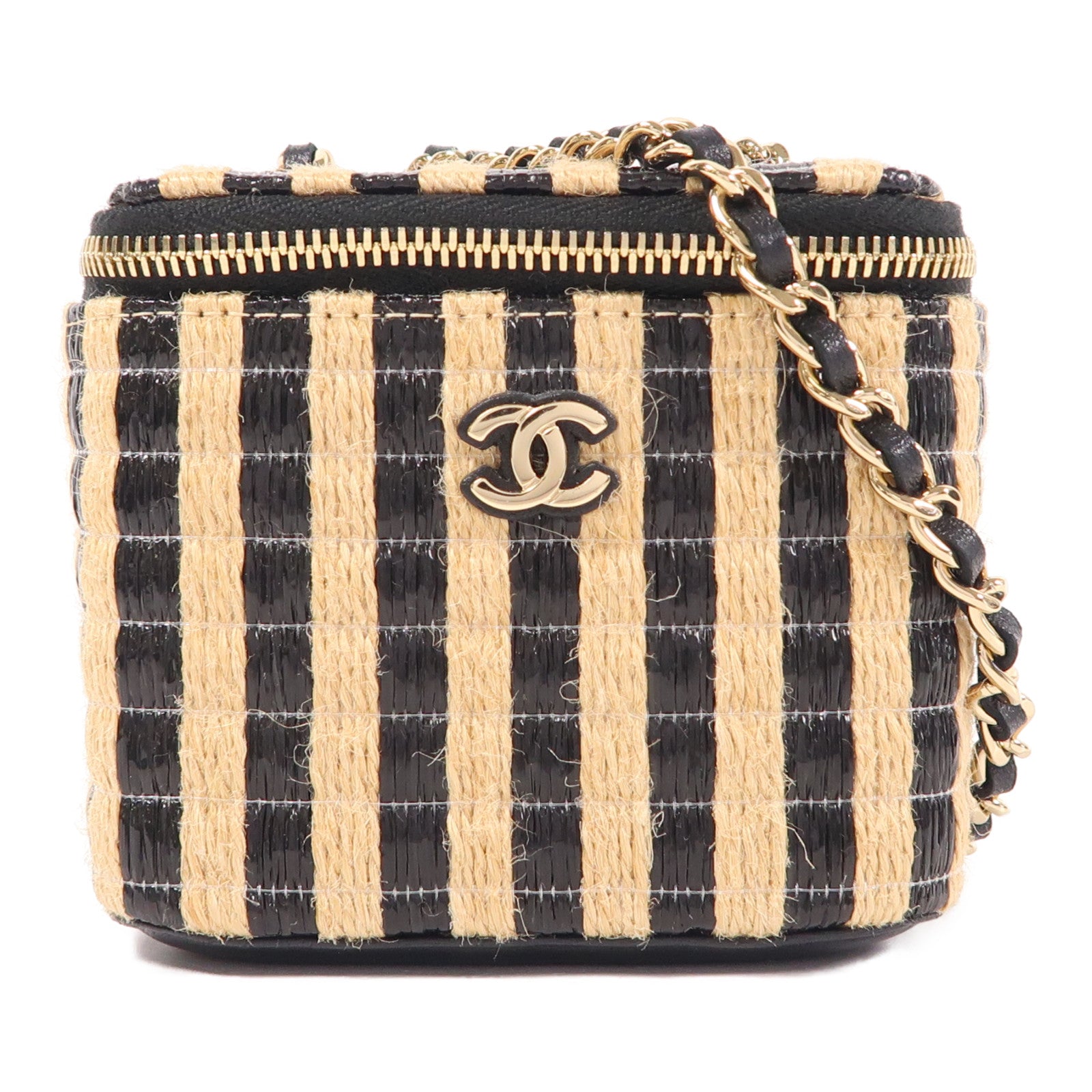 CHANEL CC GHW Vanity Chain Shoulder Bag Raffia Beige/Black