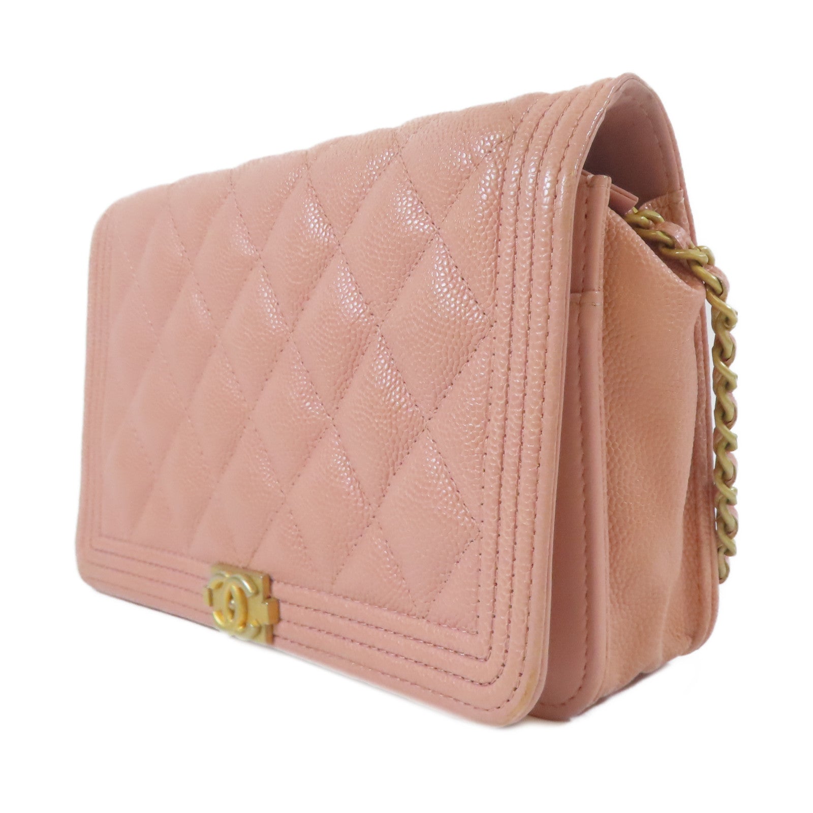 CHANEL 菱格Caviar皮革Boy WOC Wallet On Chain金扣鏈帶肩背袋粉紅色