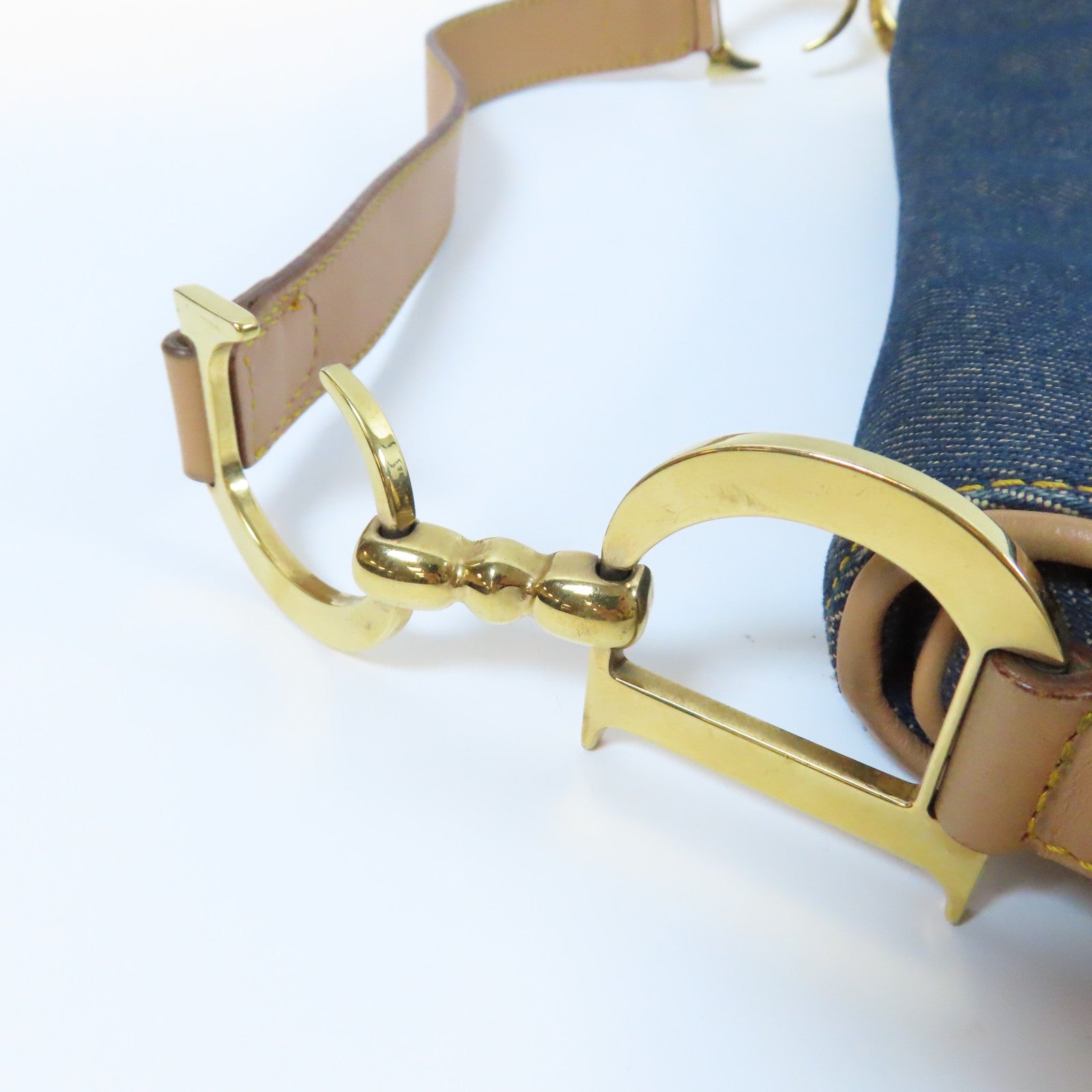 Dior 牛仔布/皮革Saddle Handbag金扣肩背袋藍色/啡色