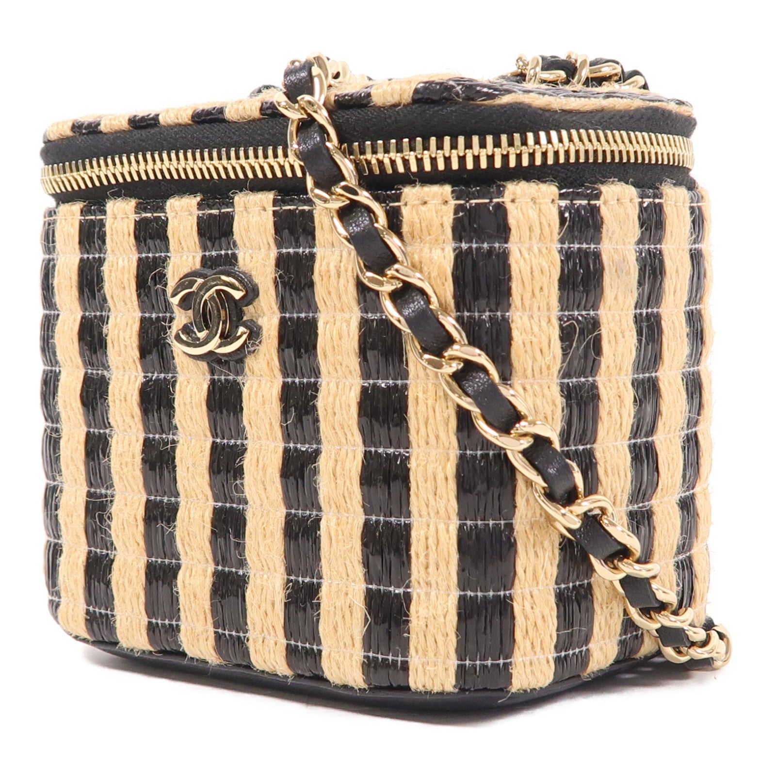 CHANEL CC GHW Vanity Chain Shoulder Bag Raffia Beige/Black