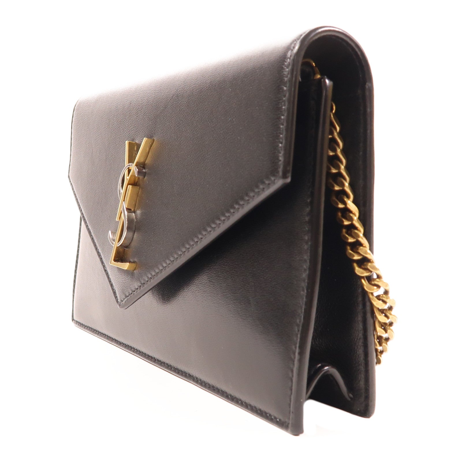 YVES SAINT LAURENT 皮革Cassandre Envelope Chain Wallet金扣鏈帶肩背袋黑色