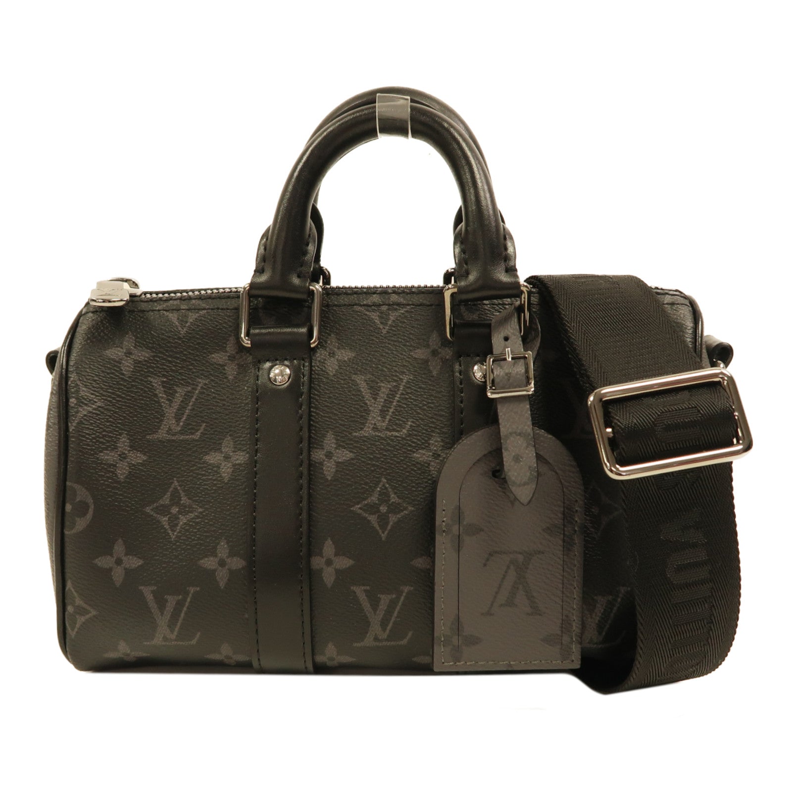 LOUIS VUITTON Monogram Eclipse Keepall Bandouliere 25銀扣手挽肩背兩用袋黑色