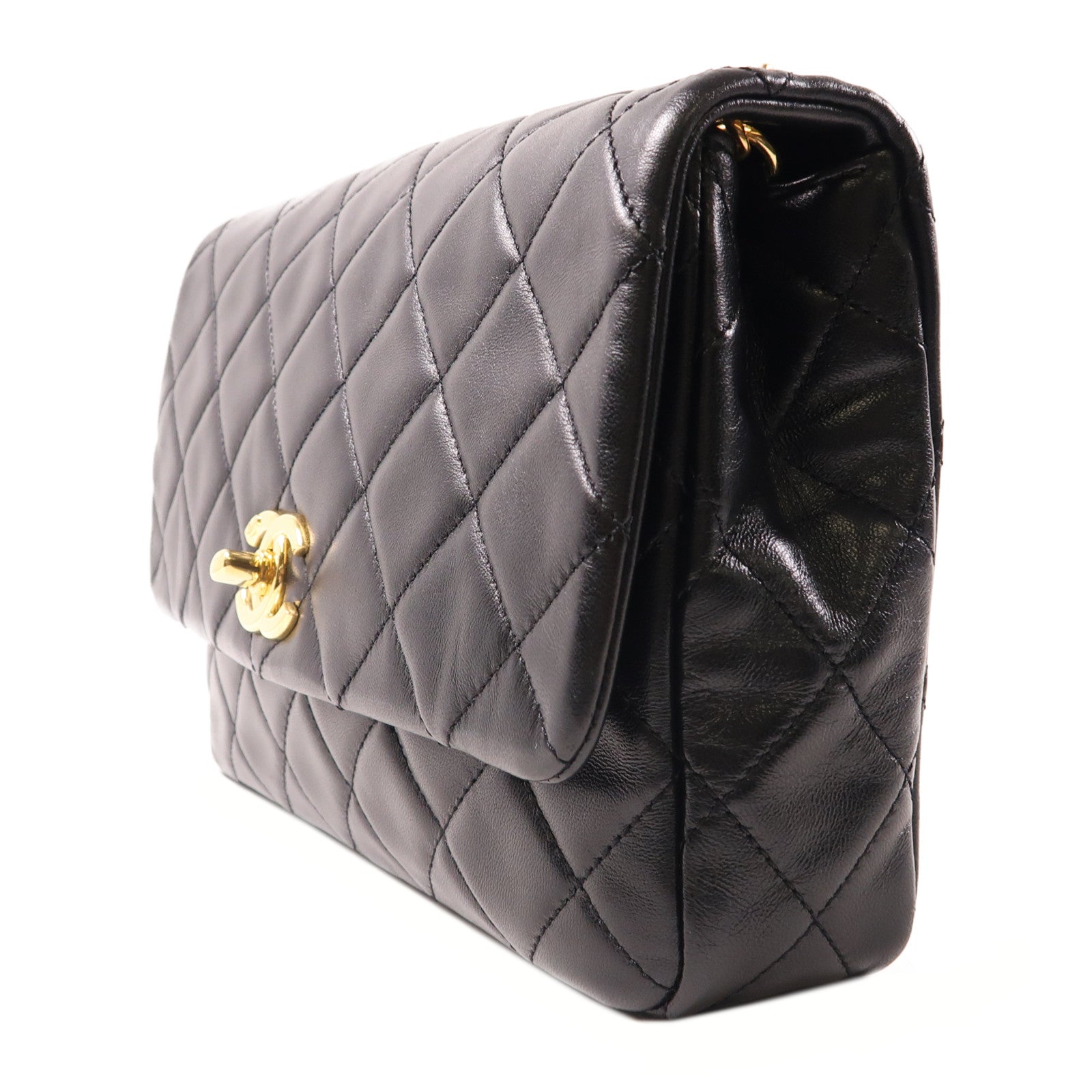 CHANEL 羊皮皮革Chain Shoulder金扣鏈帶肩背袋黑色