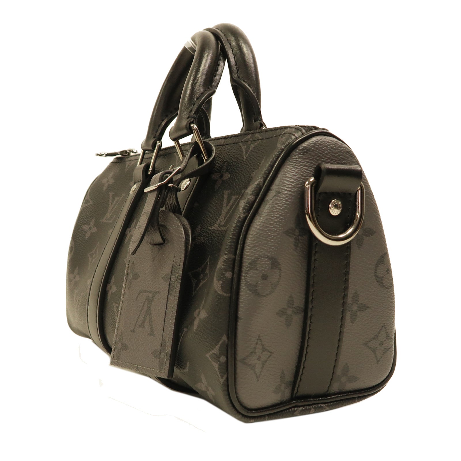 LOUIS VUITTON Monogram Eclipse Keepall Bandouliere 25銀扣手挽肩背兩用袋黑色