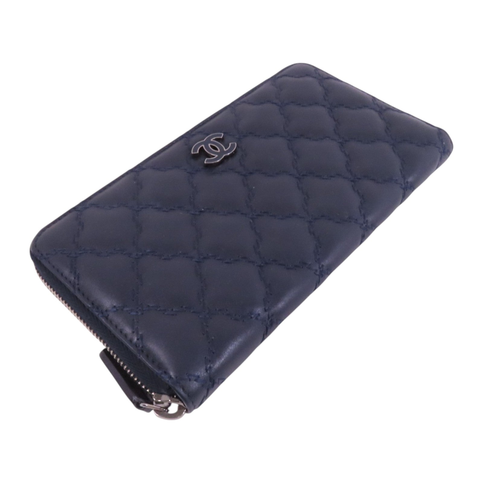 CHANEL 牛皮皮革Round Long Wallet銀扣拉鏈長錢包