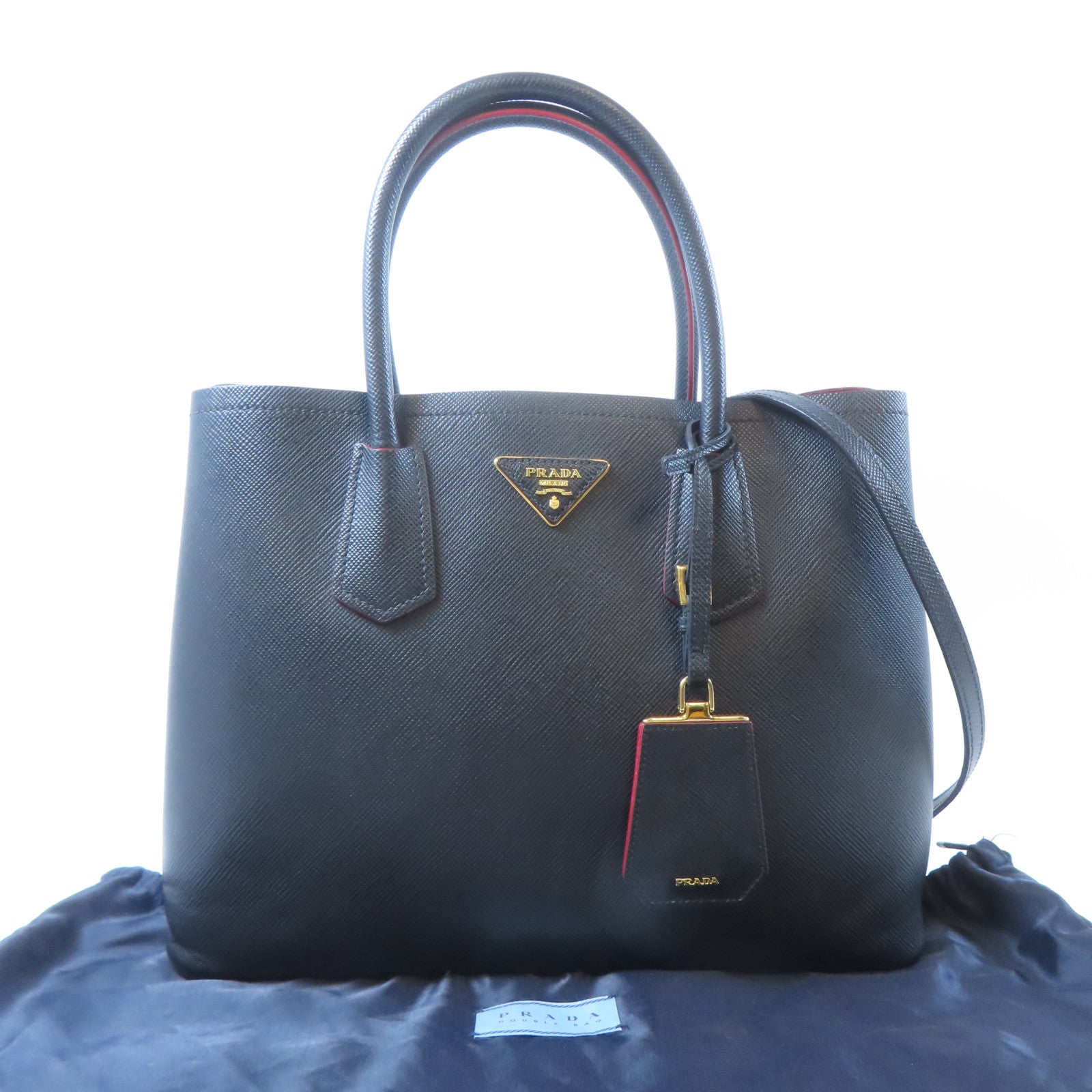 PRADA Saffiano皮革Double金扣手挽肩背兩用袋黑色/紅色