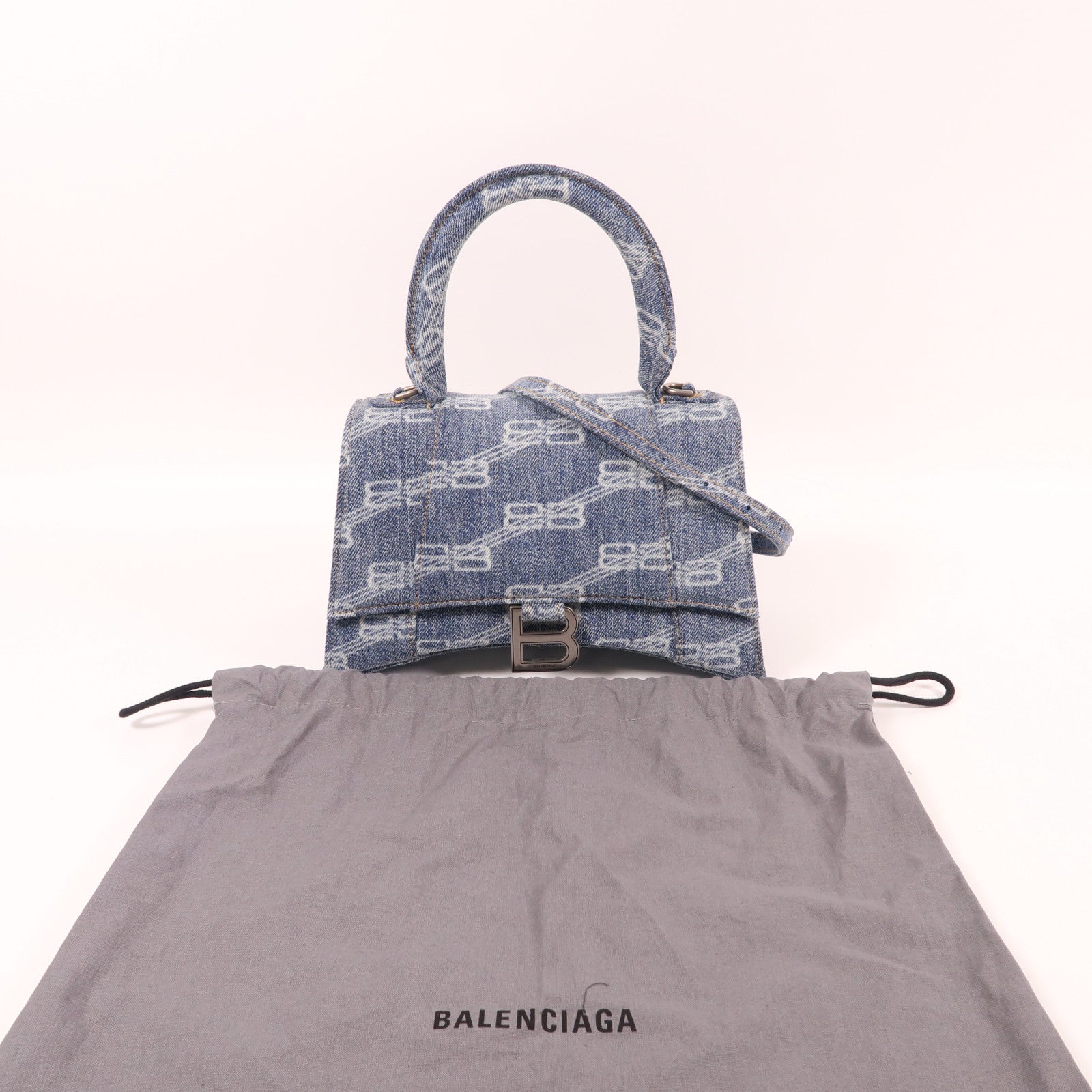 BALENCIAGA 牛仔布Hourglass XS銀扣手挽肩背兩用袋藍色