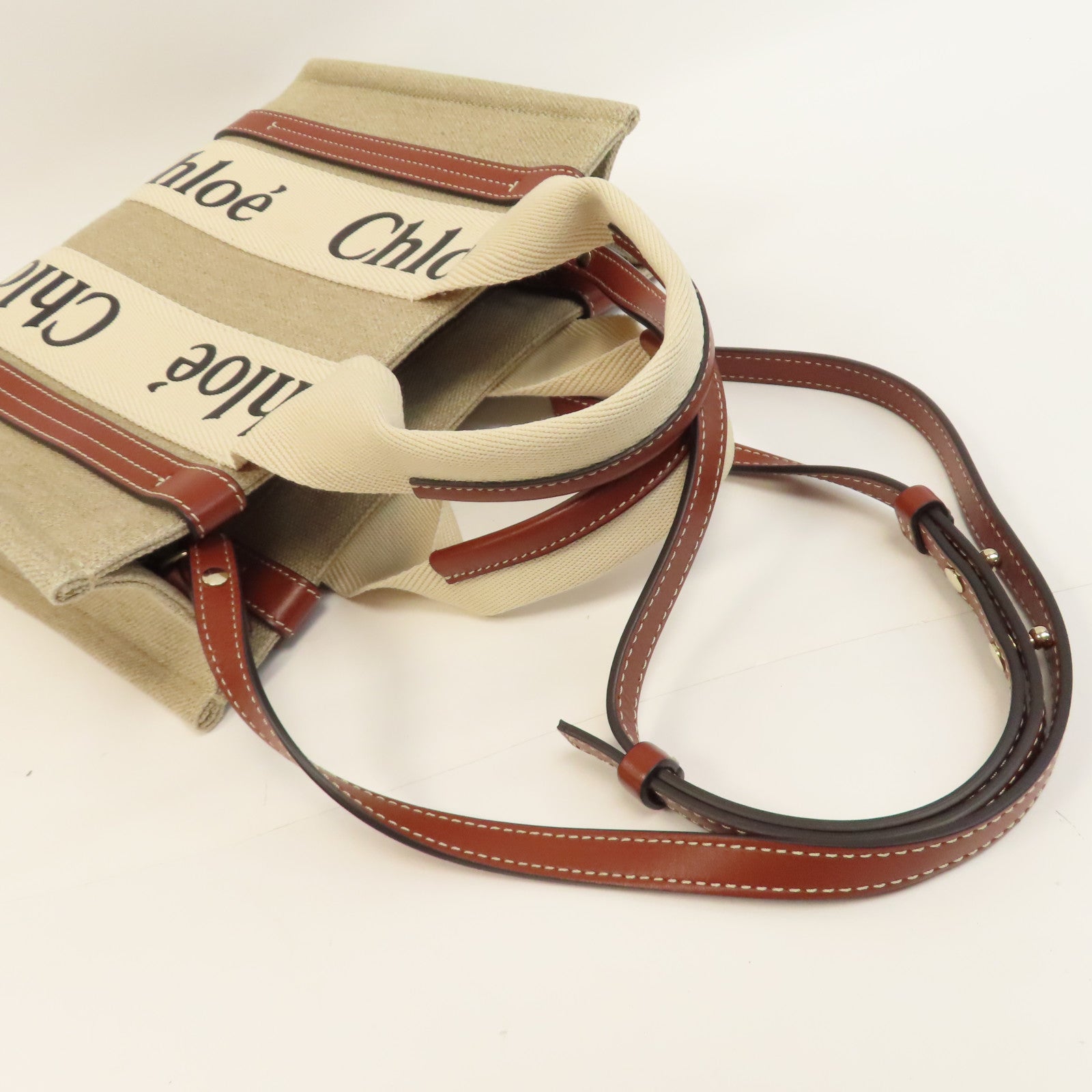 Chloe 帆布Woody Tote Bag金扣手挽肩背兩用袋米色