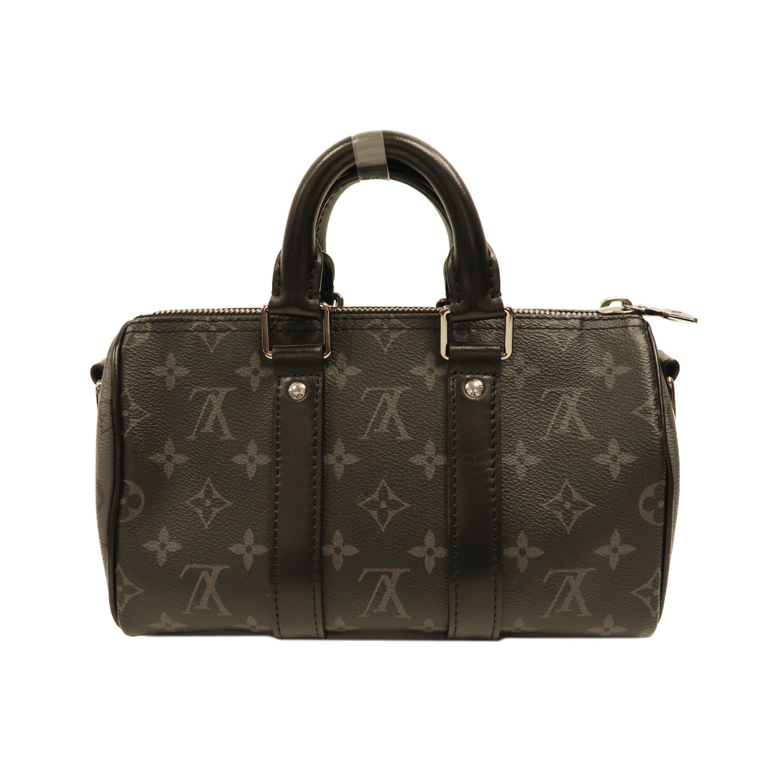 LOUIS VUITTON Monogram Eclipse Keepall Bandouliere 25銀扣手挽肩背兩用袋黑色