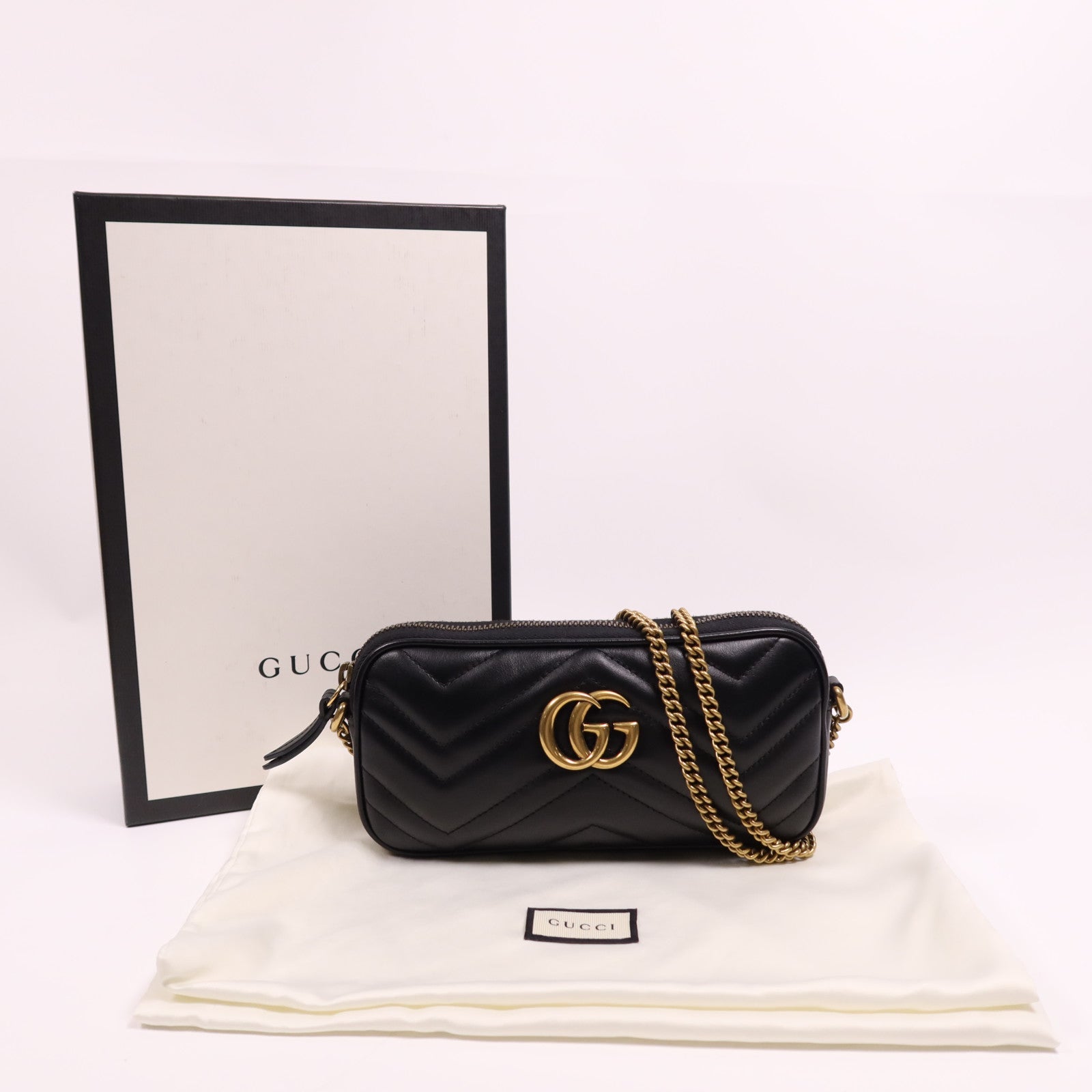 GUCCI 牛皮皮革GG Marmont金扣鏈帶肩背袋