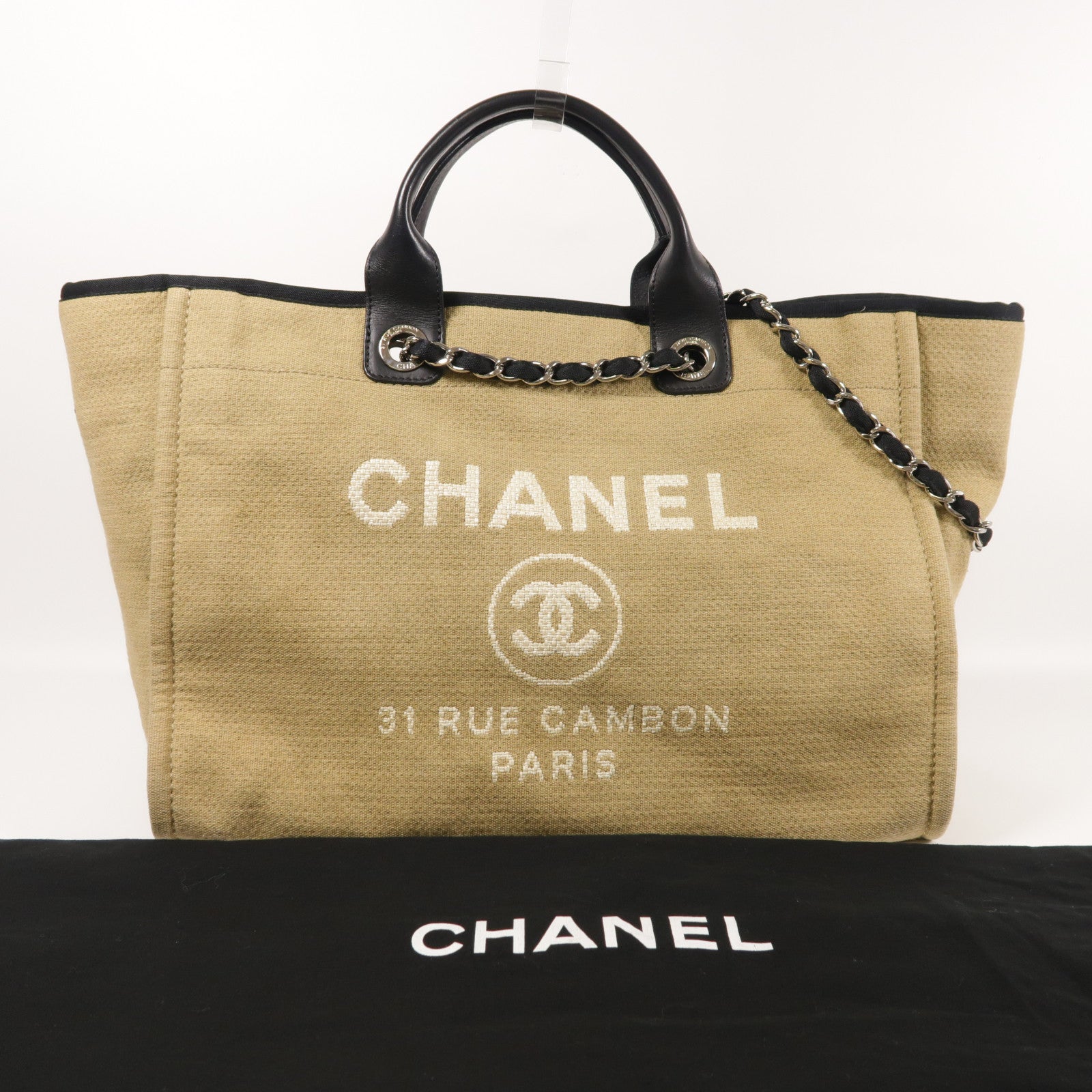CHANEL 帆布Deauville Tote銀扣鏈帶手挽肩背兩用袋