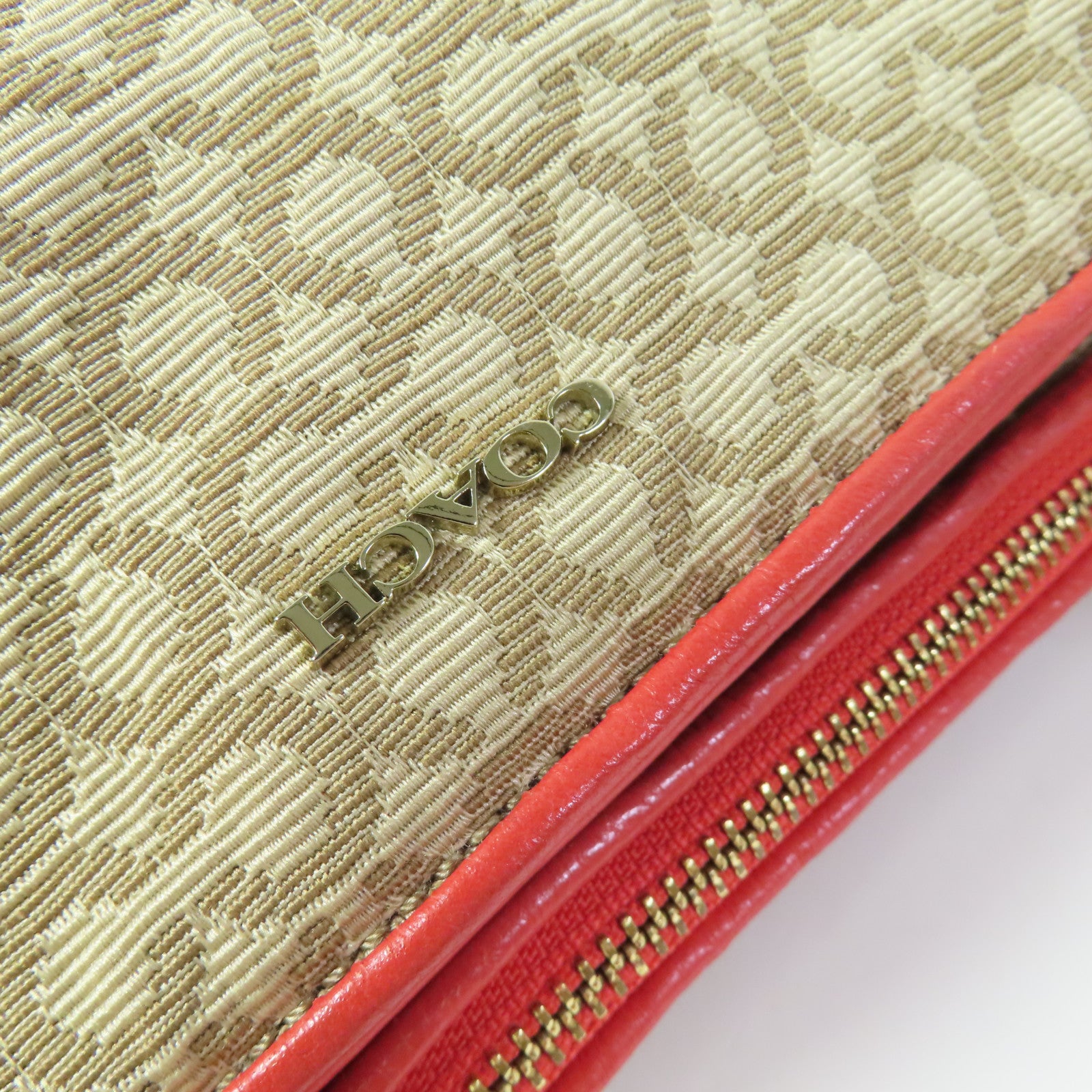 COACH GHW Shoulder Bag Canvas Leather Beige Red
