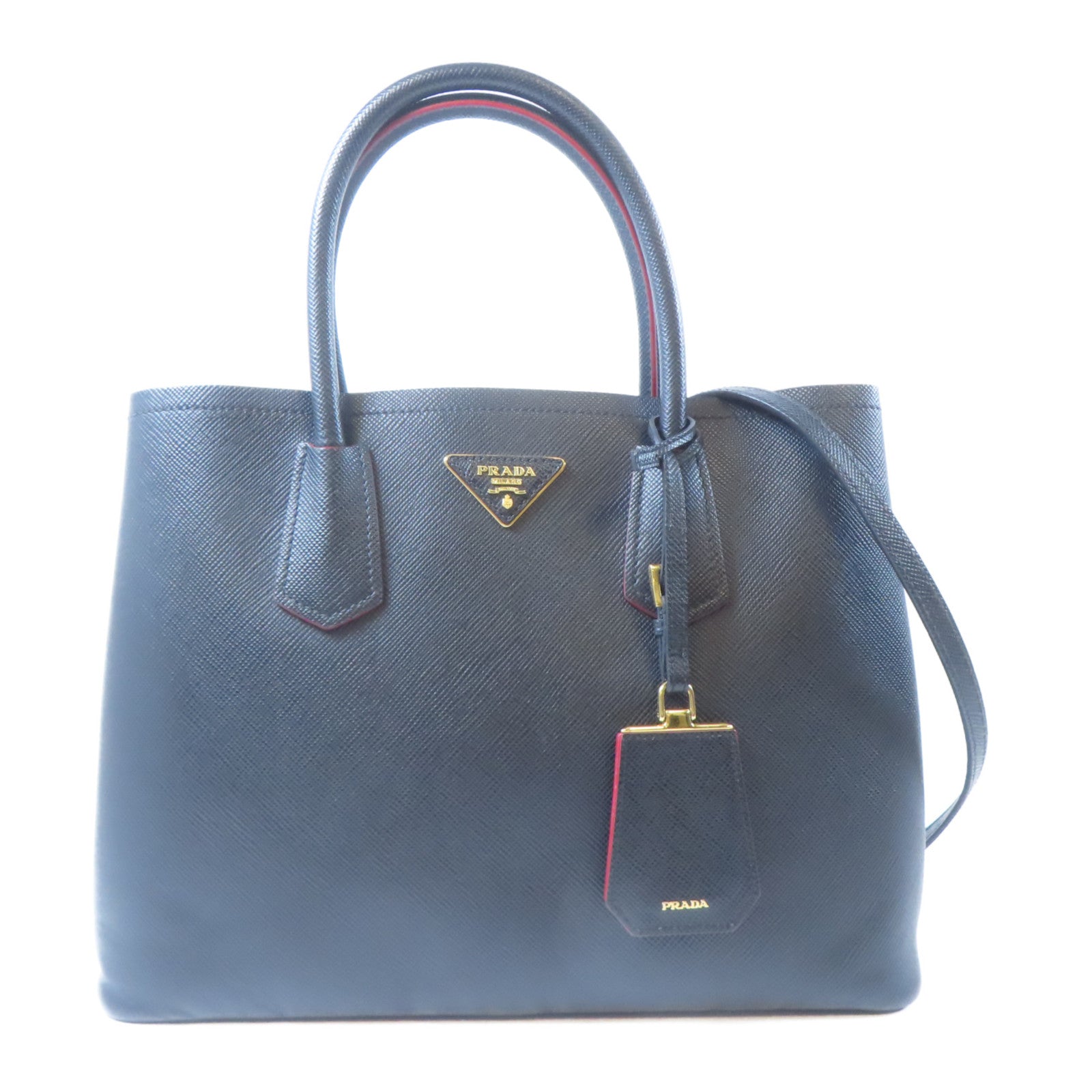 PRADA Saffiano皮革Double金扣手挽肩背兩用袋黑色/紅色