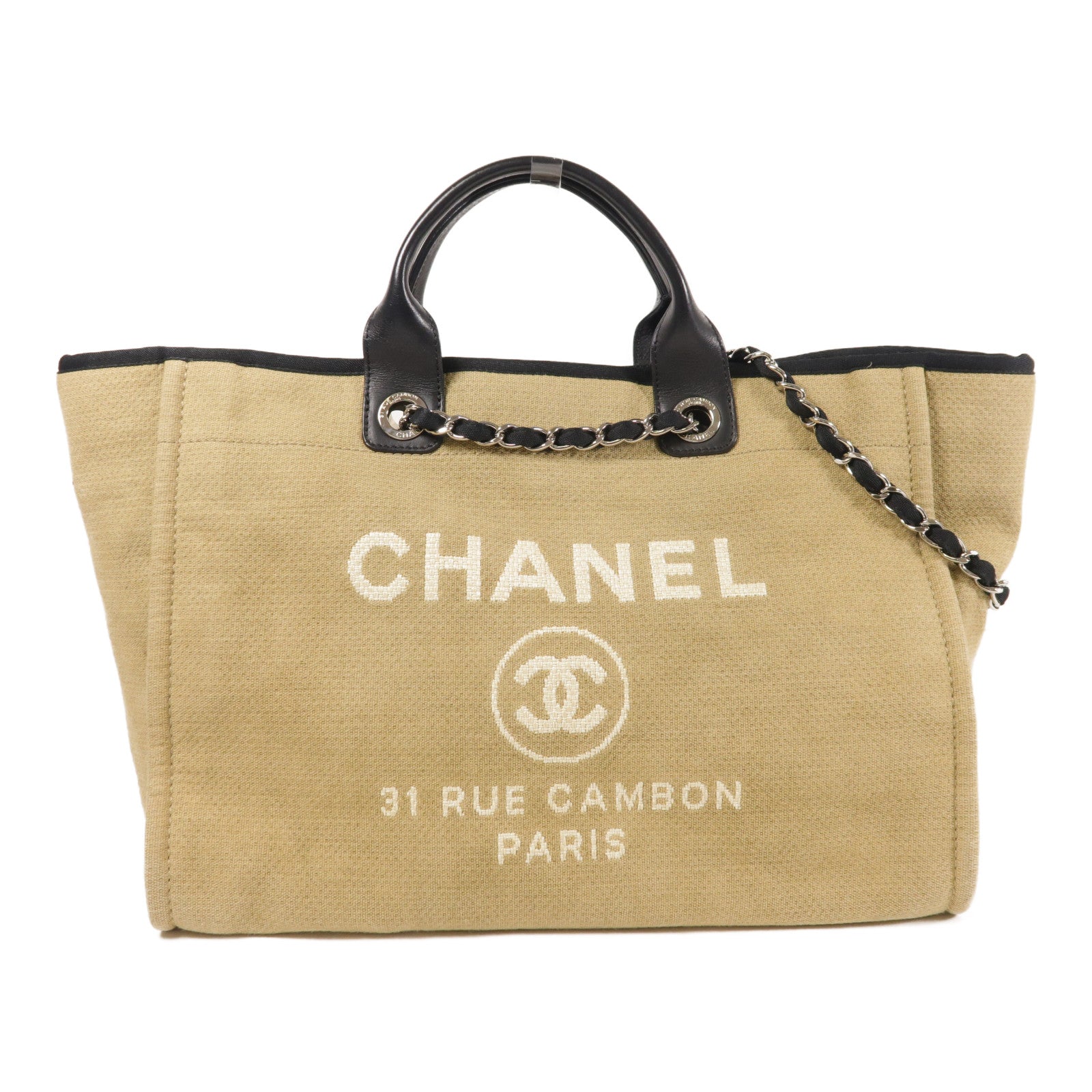 CHANEL 帆布Deauville Tote銀扣鏈帶手挽肩背兩用袋