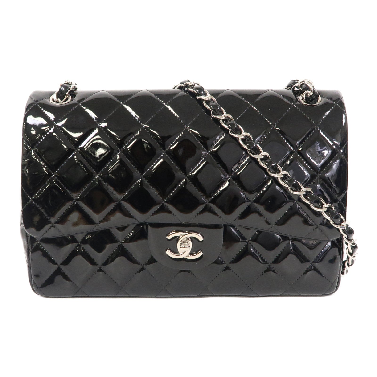 CHANEL 菱格漆皮皮革Classic Jumbo銀扣鏈帶肩背袋黑色