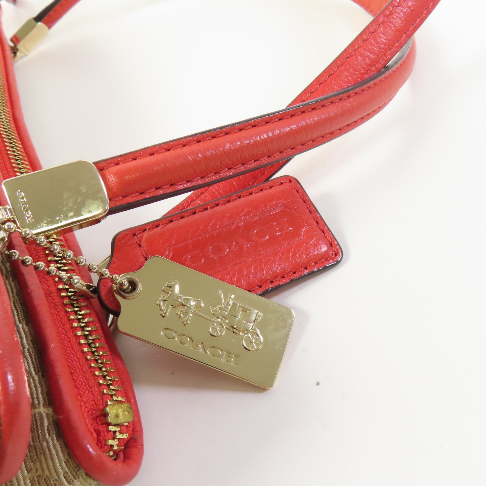 COACH GHW Shoulder Bag Canvas Leather Beige Red