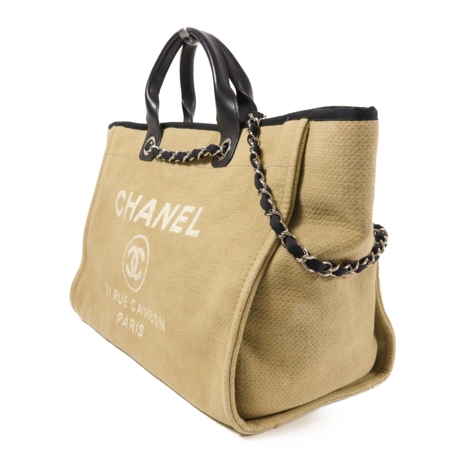 CHANEL CC SHW Deauville Tote 2way Shoulder Bag Canvas Beige