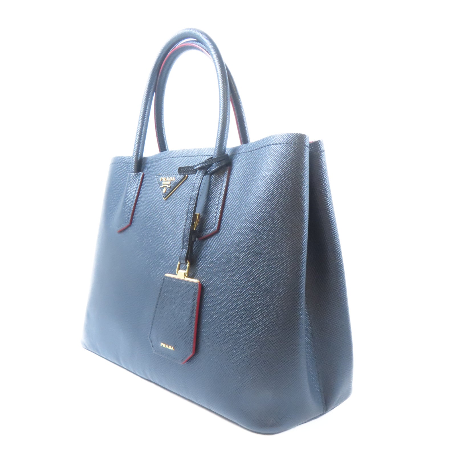 PRADA Saffiano皮革Double金扣手挽肩背兩用袋黑色/紅色