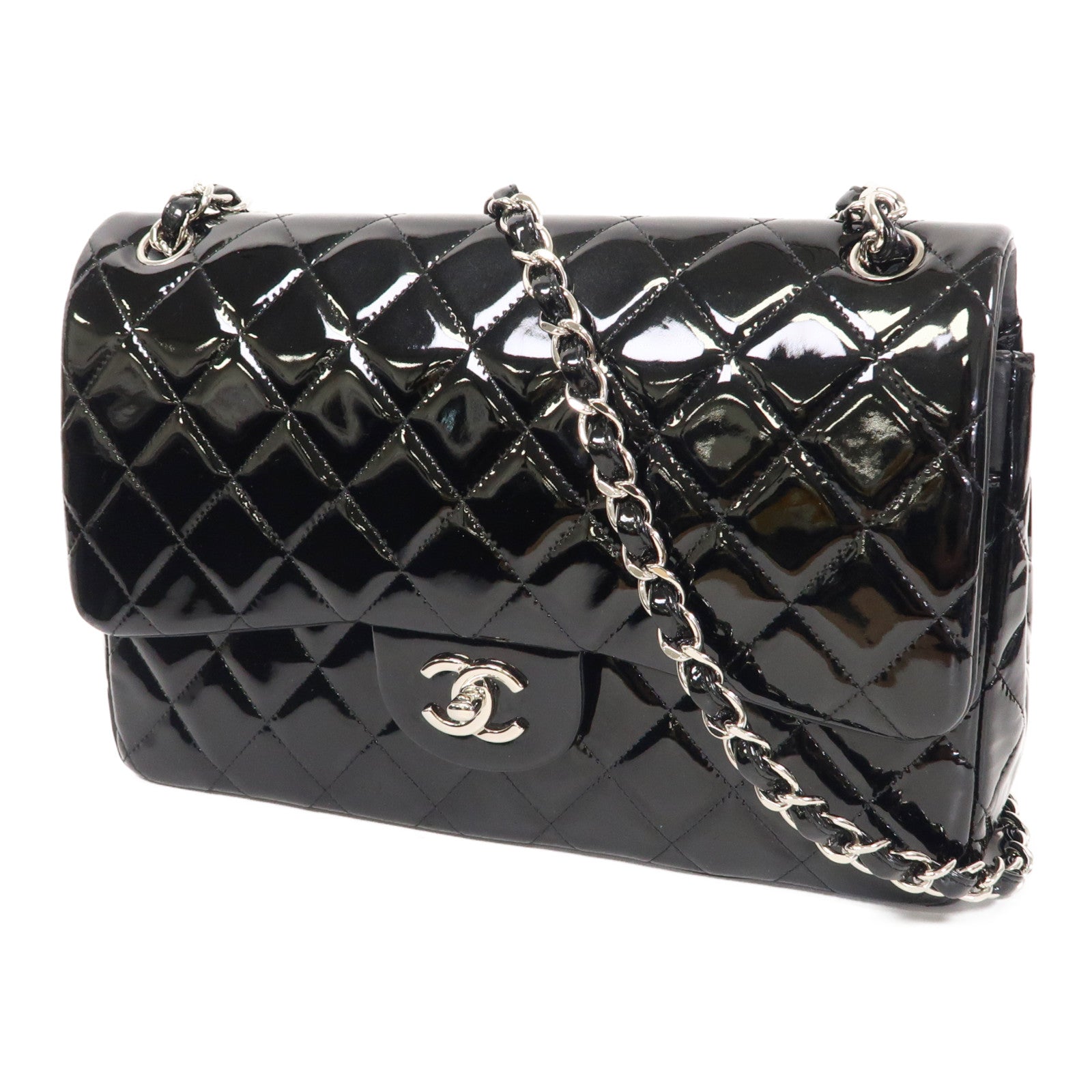 CHANEL 菱格漆皮皮革Classic Jumbo銀扣鏈帶肩背袋黑色