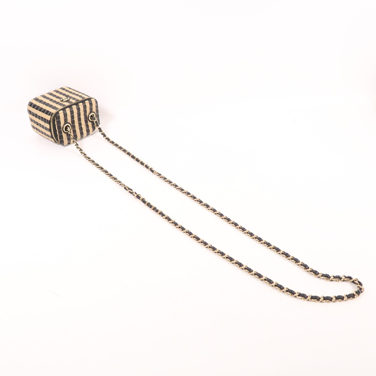 CHANEL CC GHW Vanity Chain Shoulder Bag Raffia Beige/Black