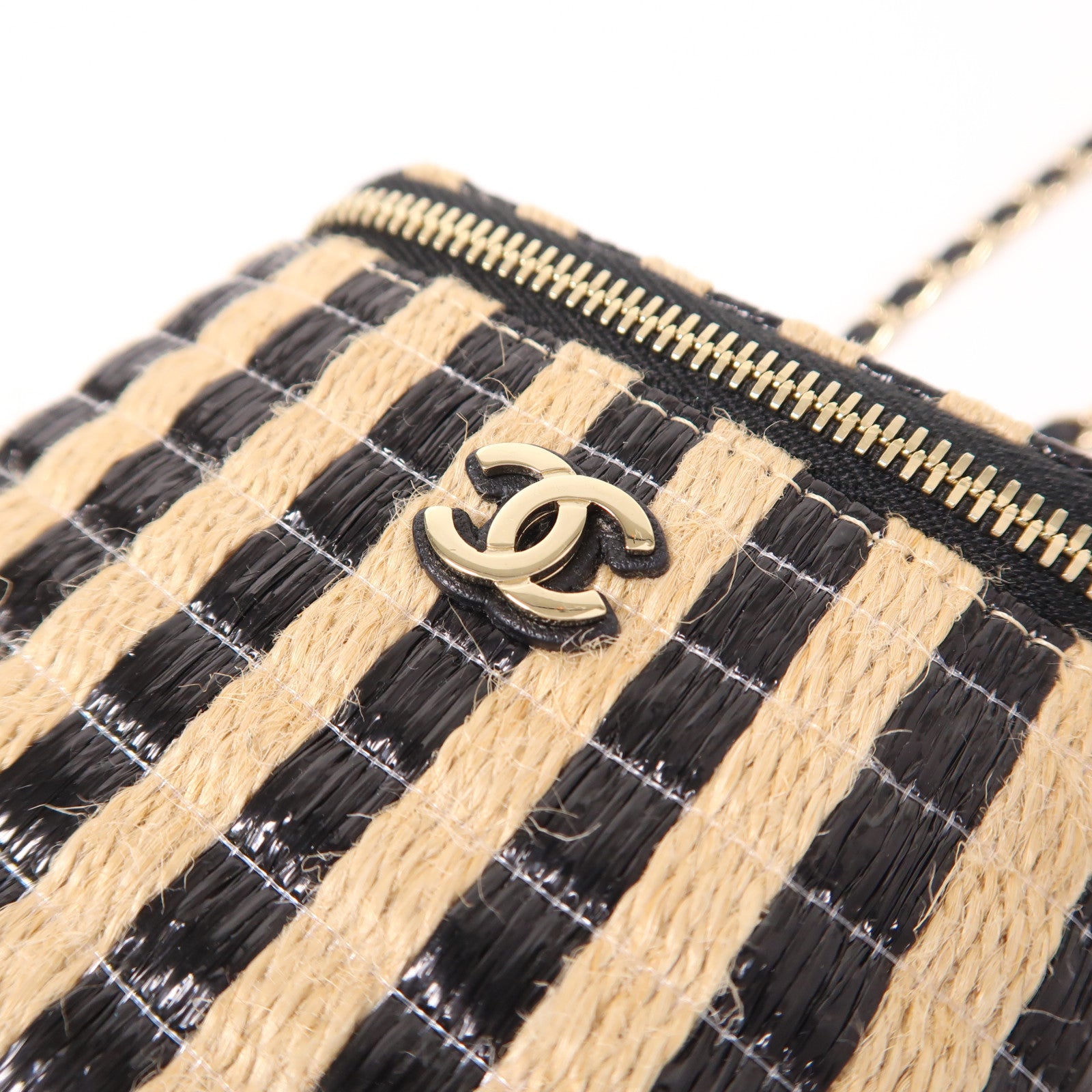 CHANEL CC GHW Vanity Chain Shoulder Bag Raffia Beige/Black