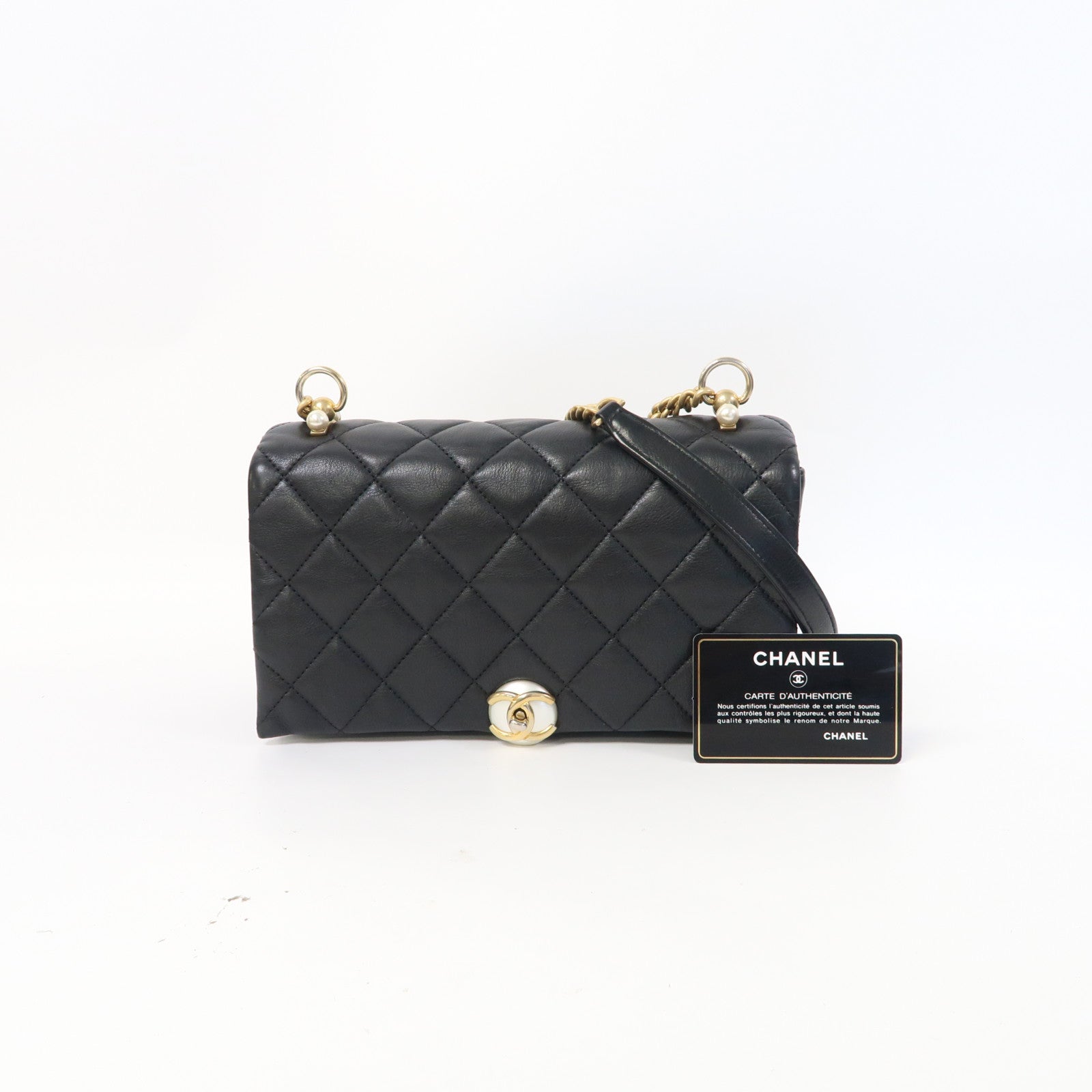 CHANEL 【激減優惠】菱格牛皮皮革Accordion Pearl CC Flap金扣鏈帶肩背袋黑色