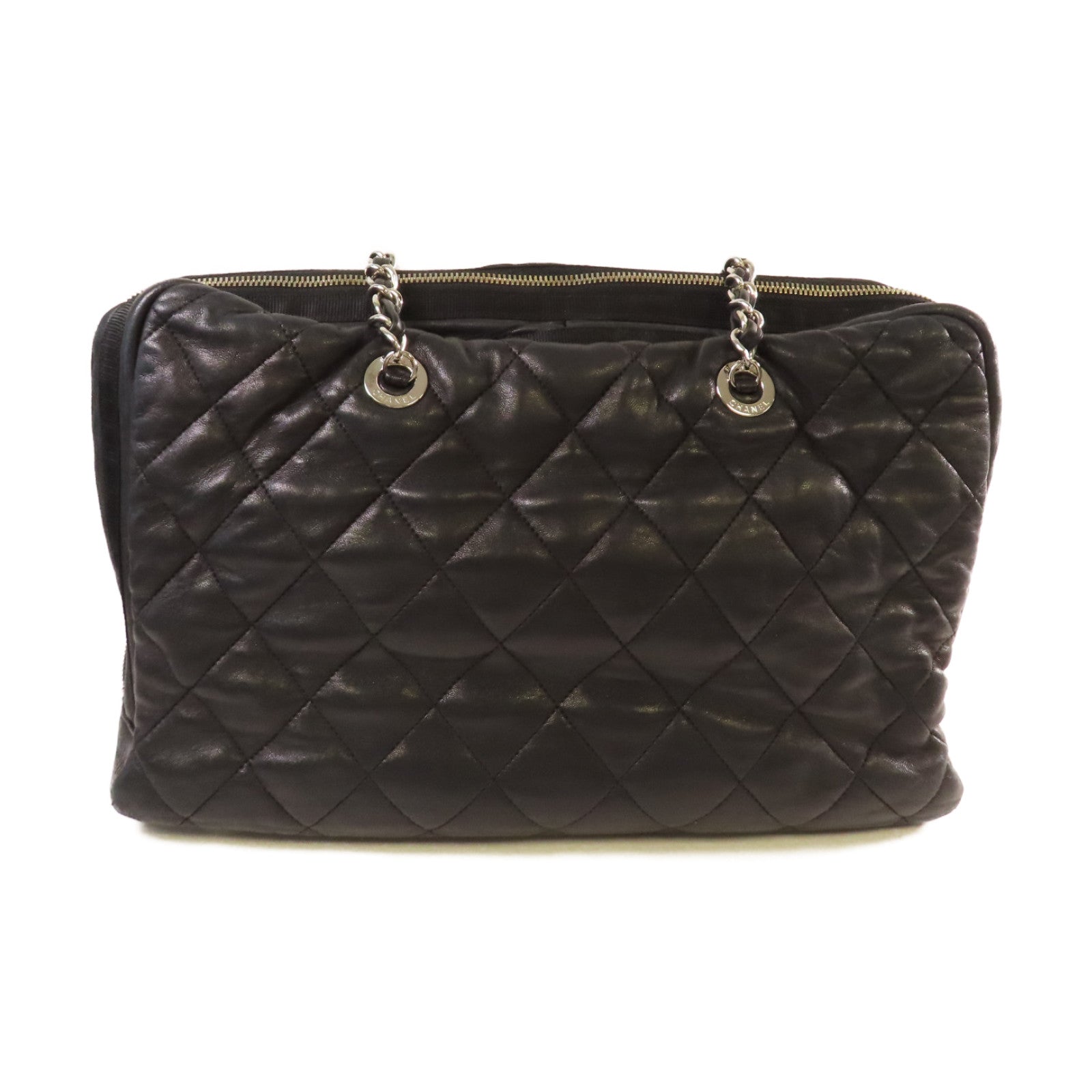 CHANEL 【激減優惠】菱格牛皮皮革Chain Tote Bag銀扣鏈帶肩背袋黑色