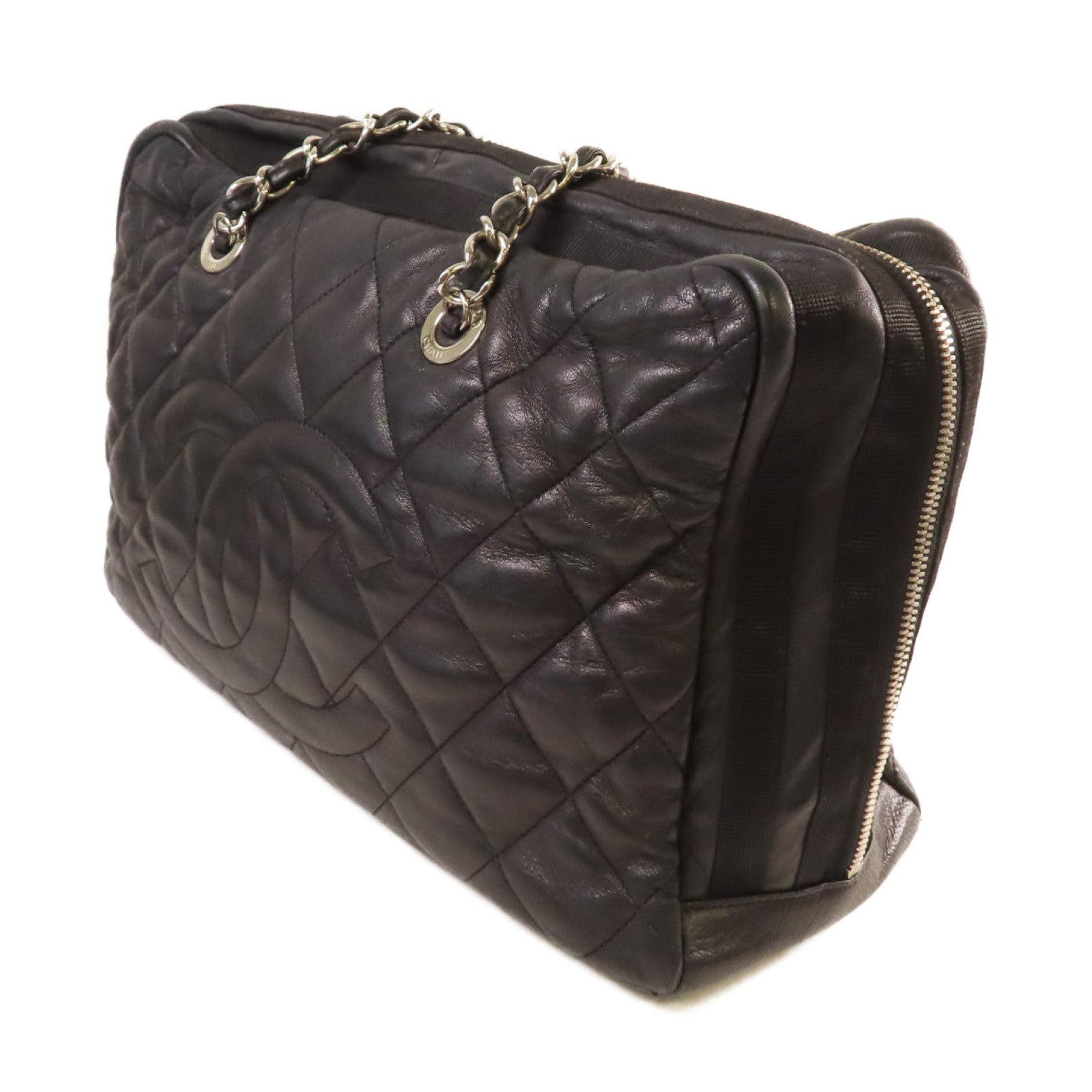 CHANEL 【激減優惠】菱格牛皮皮革Chain Tote Bag銀扣鏈帶肩背袋黑色