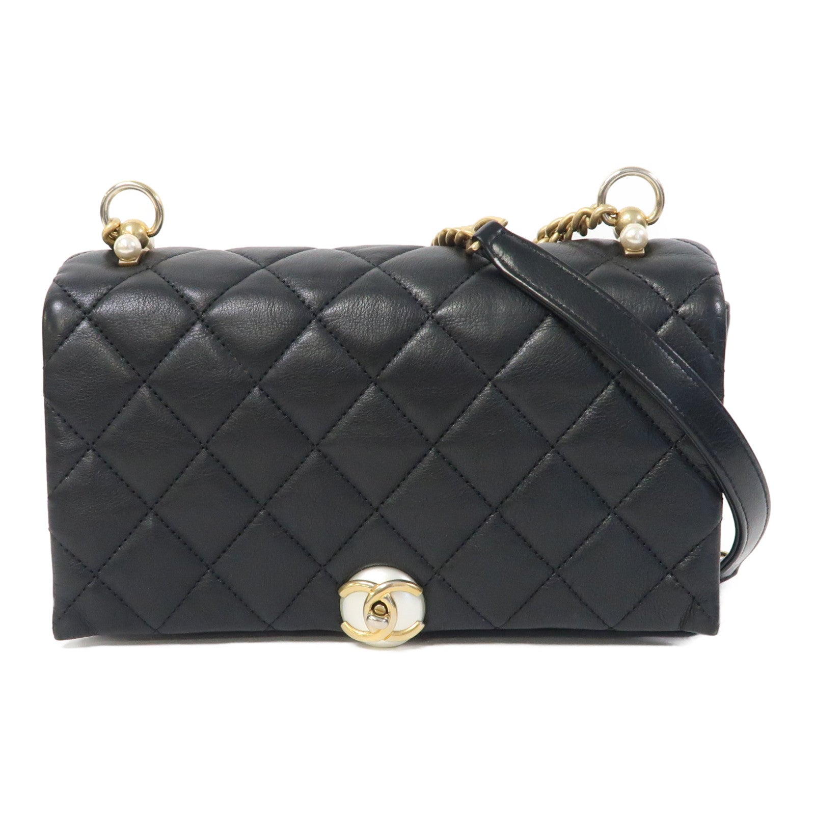 CHANEL 【激減優惠】菱格牛皮皮革Accordion Pearl CC Flap金扣鏈帶肩背袋黑色