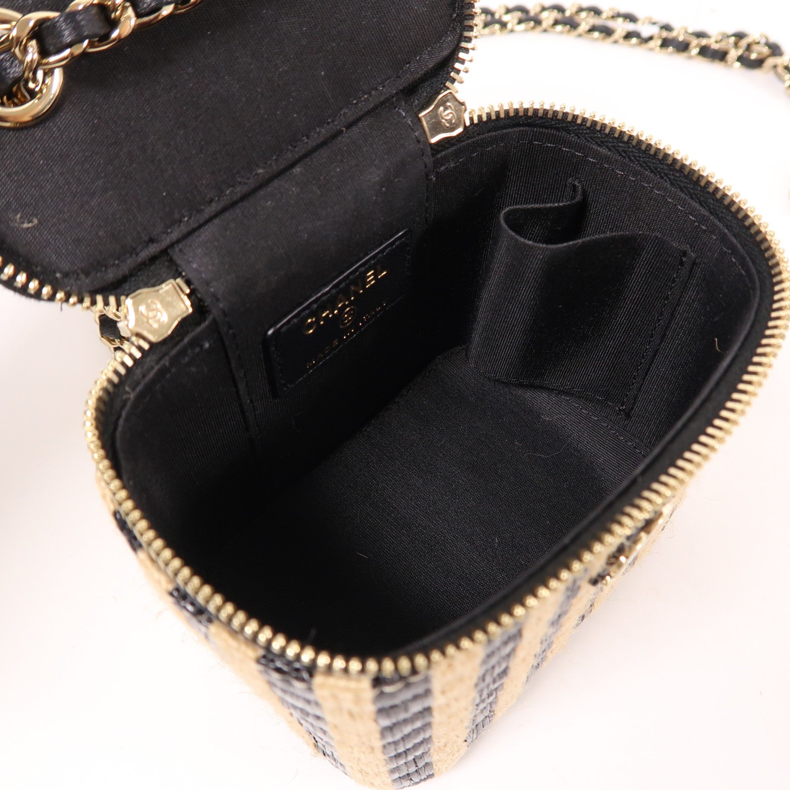 CHANEL CC GHW Vanity Chain Shoulder Bag Raffia Beige/Black