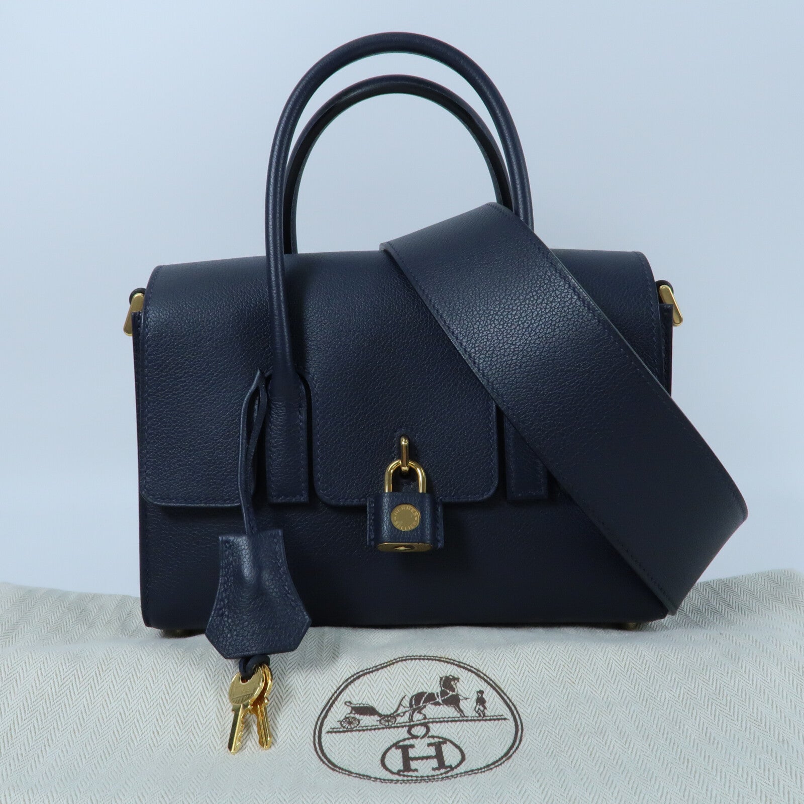 HERMES Evercolor皮革New Drag II金扣手挽肩背兩用袋Bleu Nuit