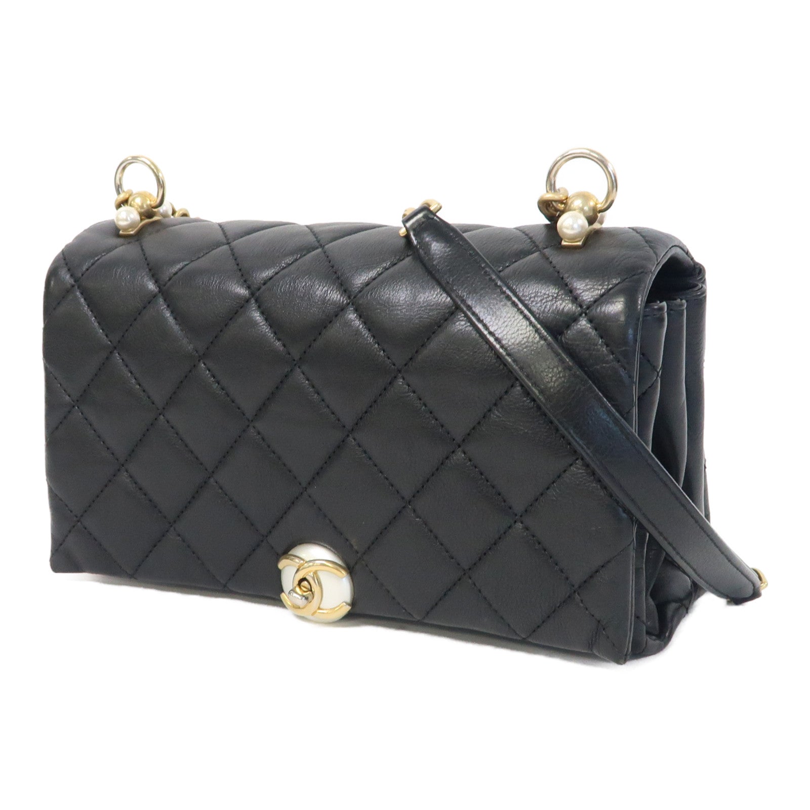 CHANEL 【激減優惠】菱格牛皮皮革Accordion Pearl CC Flap金扣鏈帶肩背袋黑色