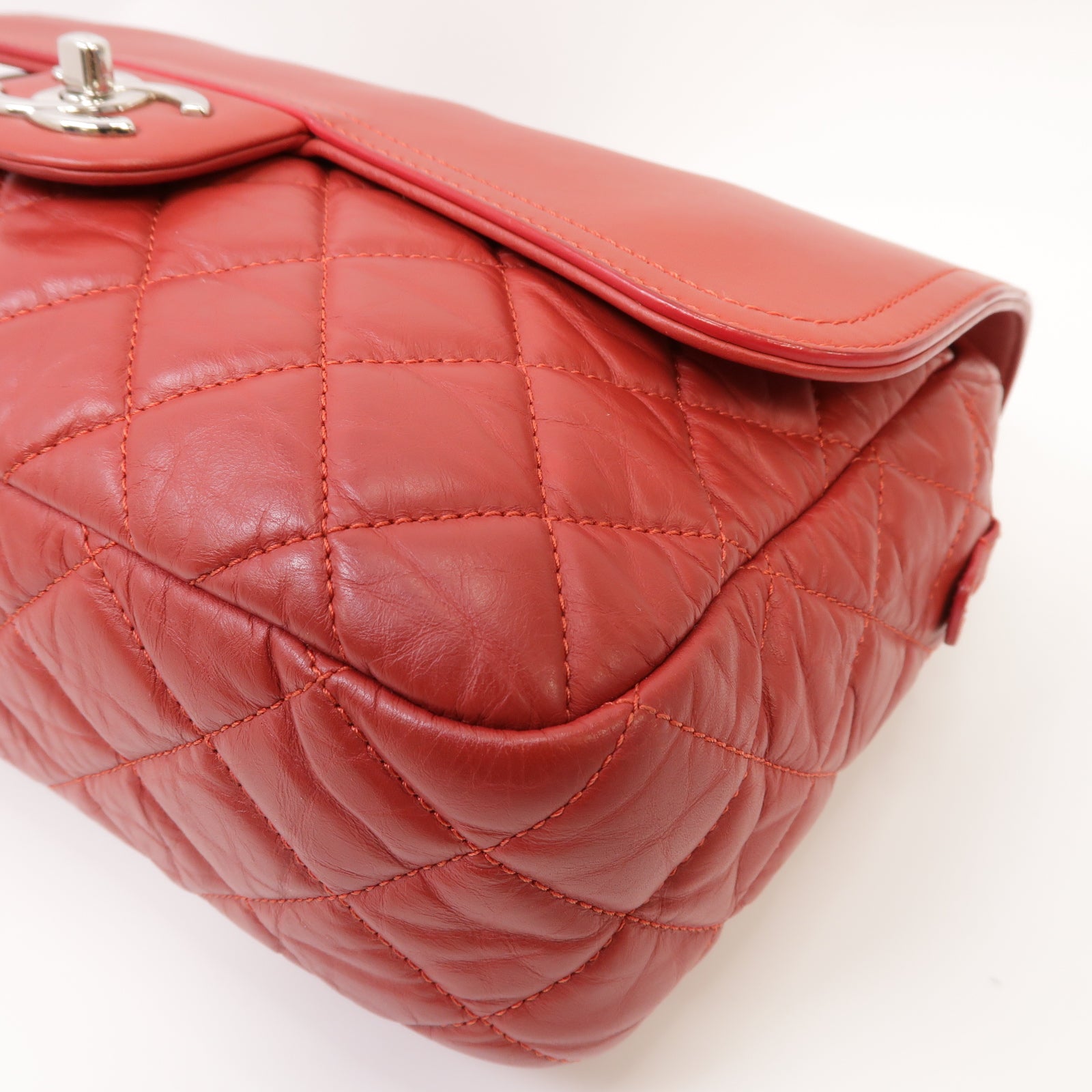 CHANEL 【激減優惠】菱格Aged Calf皮革Chain Shoulder Bag銀扣鏈帶肩背袋紅色
